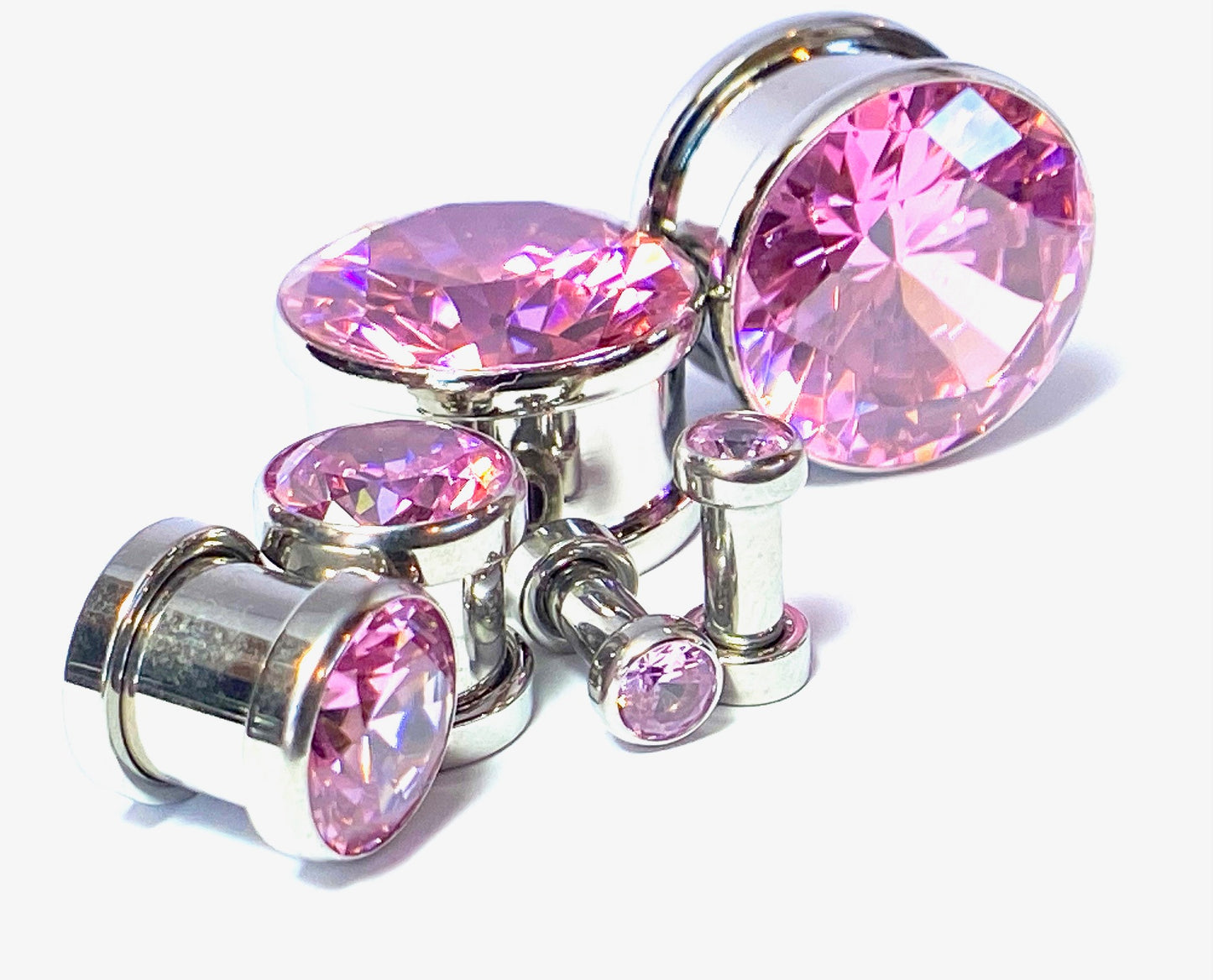 PAIR of Stunning Large Pink CZ Gem Screw Fit Tunnels/Plugs - Gauges 6g (4mm) thru to 13/16" (20mm)