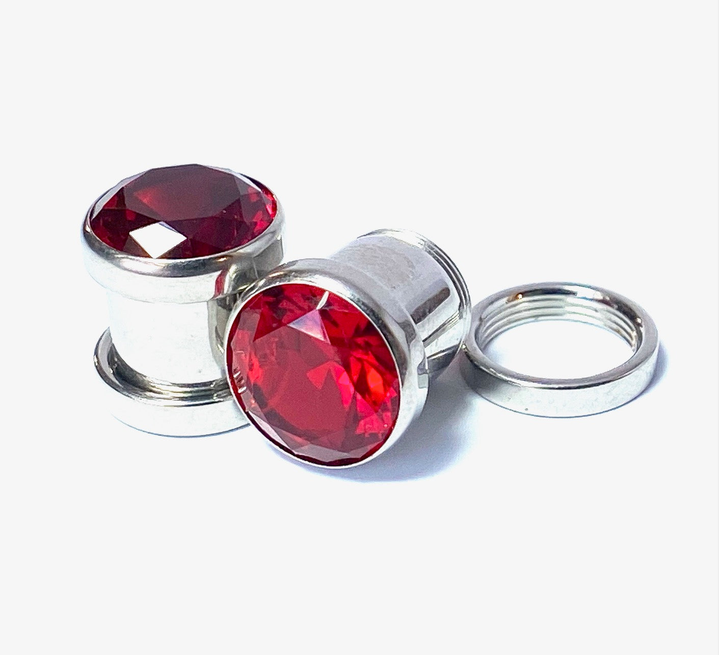 PAIR of Stunning Large Red CZ Gem Screw Fit Tunnels/Plugs - Gauges 4g (5mm) thru to 5/8" (16mm)