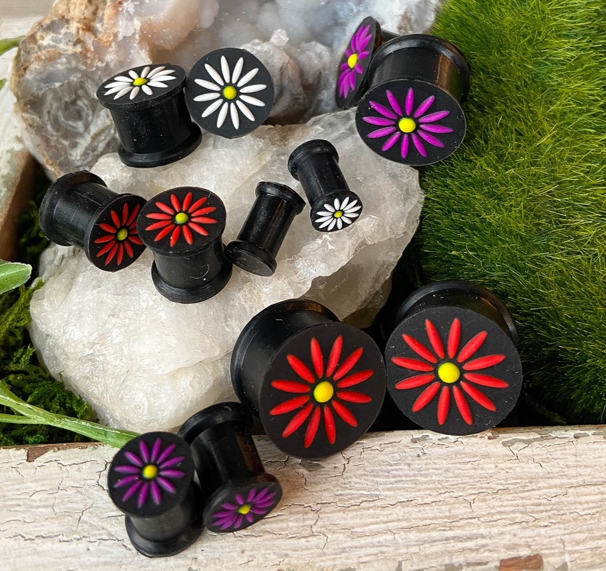 ALL 4 PAIR Silicone Plugs w/ Raised Flower Earlets Gauges Tunnels Body Jewelry