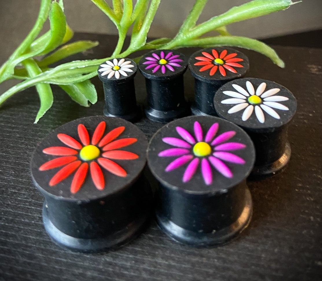 ALL 4 PAIR Silicone Plugs w/ Raised Flower Earlets Gauges Tunnels Body Jewelry