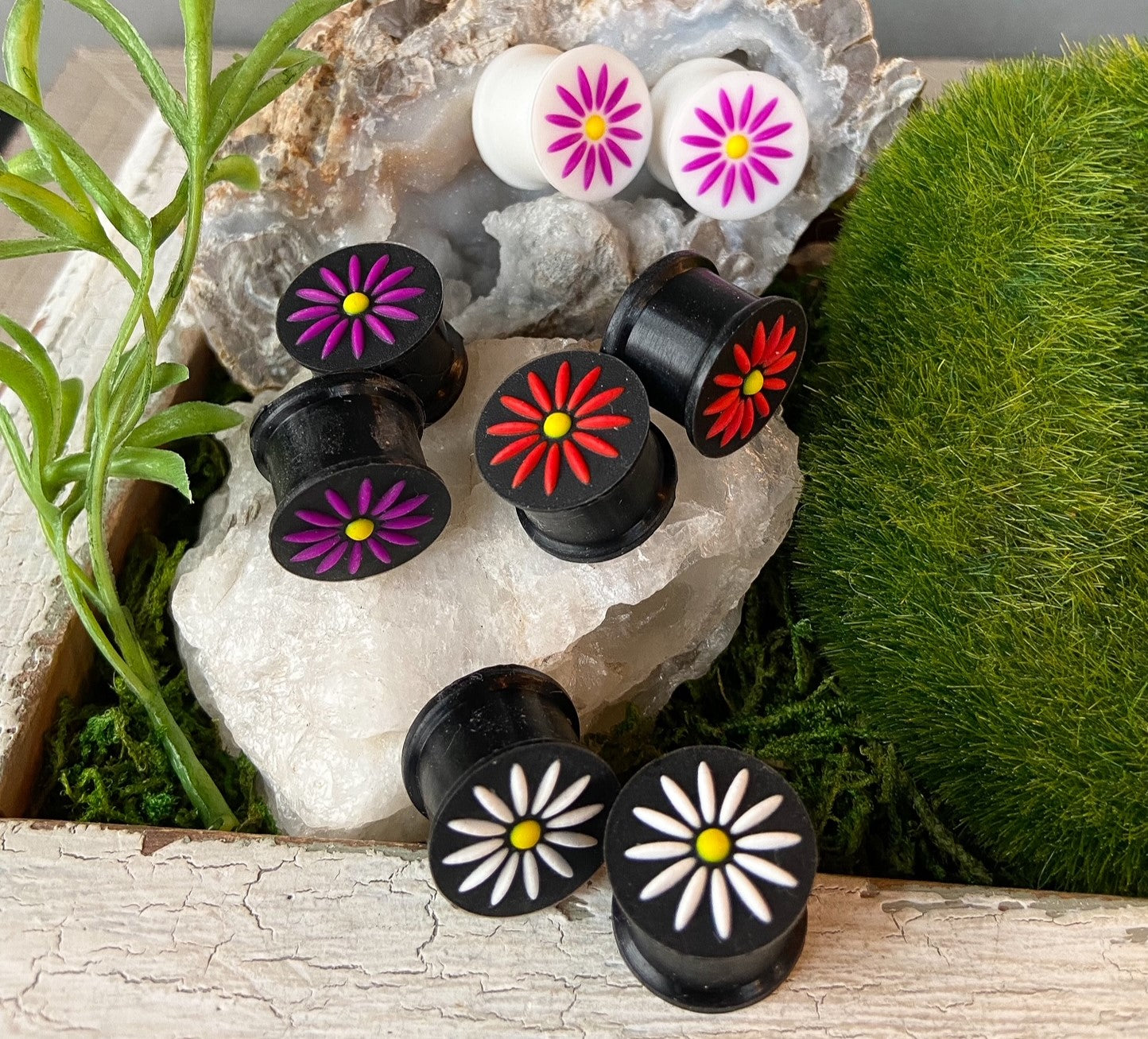 ALL 4 PAIR Silicone Plugs w/ Raised Flower Earlets Gauges Tunnels Body Jewelry