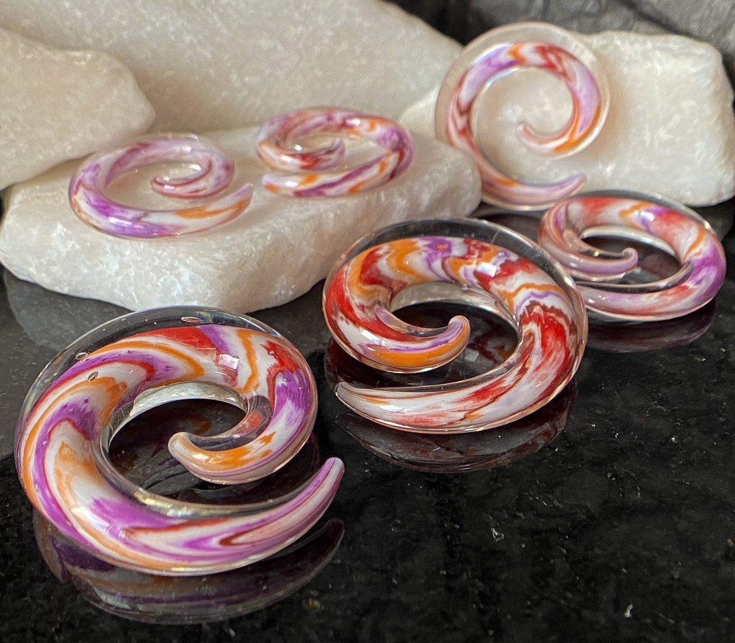 PAIR Multicolor Swirl Glass Spiral Tapers Expanders Plugs Gauges Body Jewelry