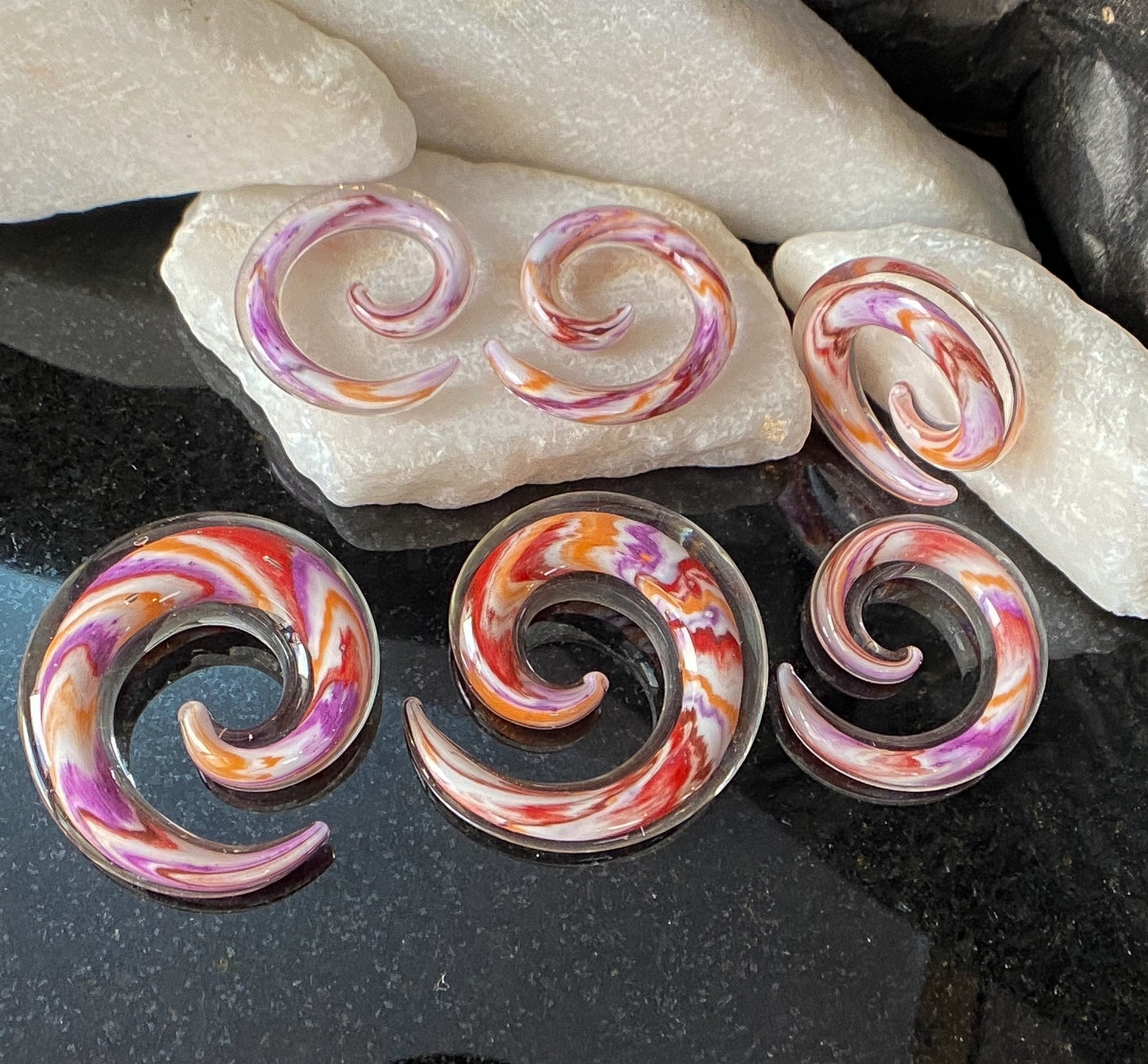 PAIR Multicolor Swirl Glass Spiral Tapers Expanders Plugs Gauges Body Jewelry