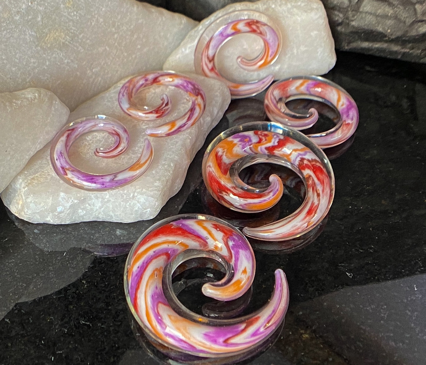 PAIR Multicolor Swirl Glass Spiral Tapers Expanders Plugs Gauges Body Jewelry