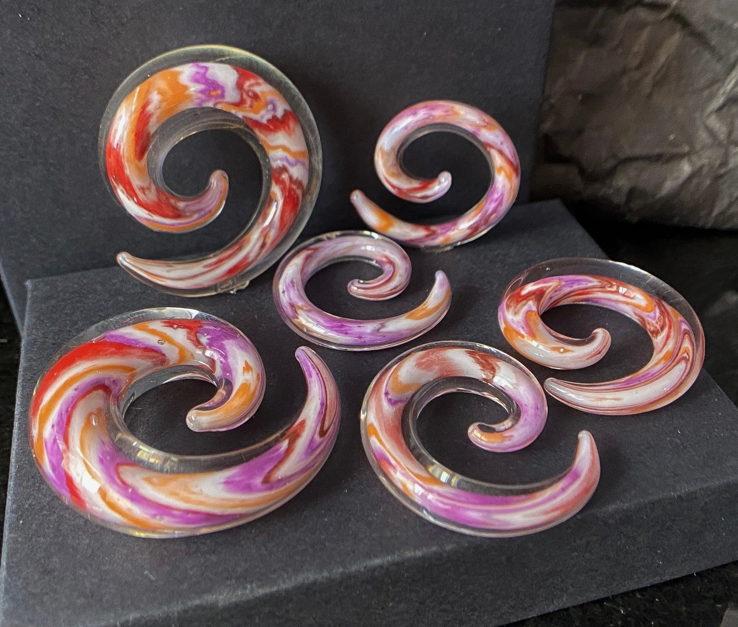 PAIR Multicolor Swirl Glass Spiral Tapers Expanders Plugs Gauges Body Jewelry