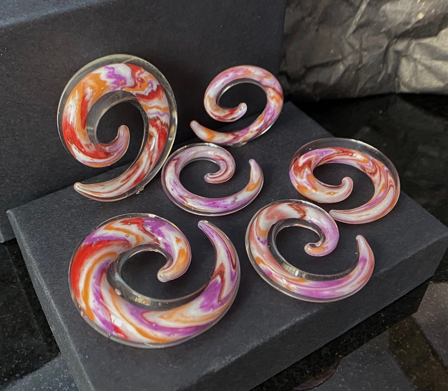 PAIR Multicolor Swirl Glass Spiral Tapers Expanders Plugs Gauges Body Jewelry