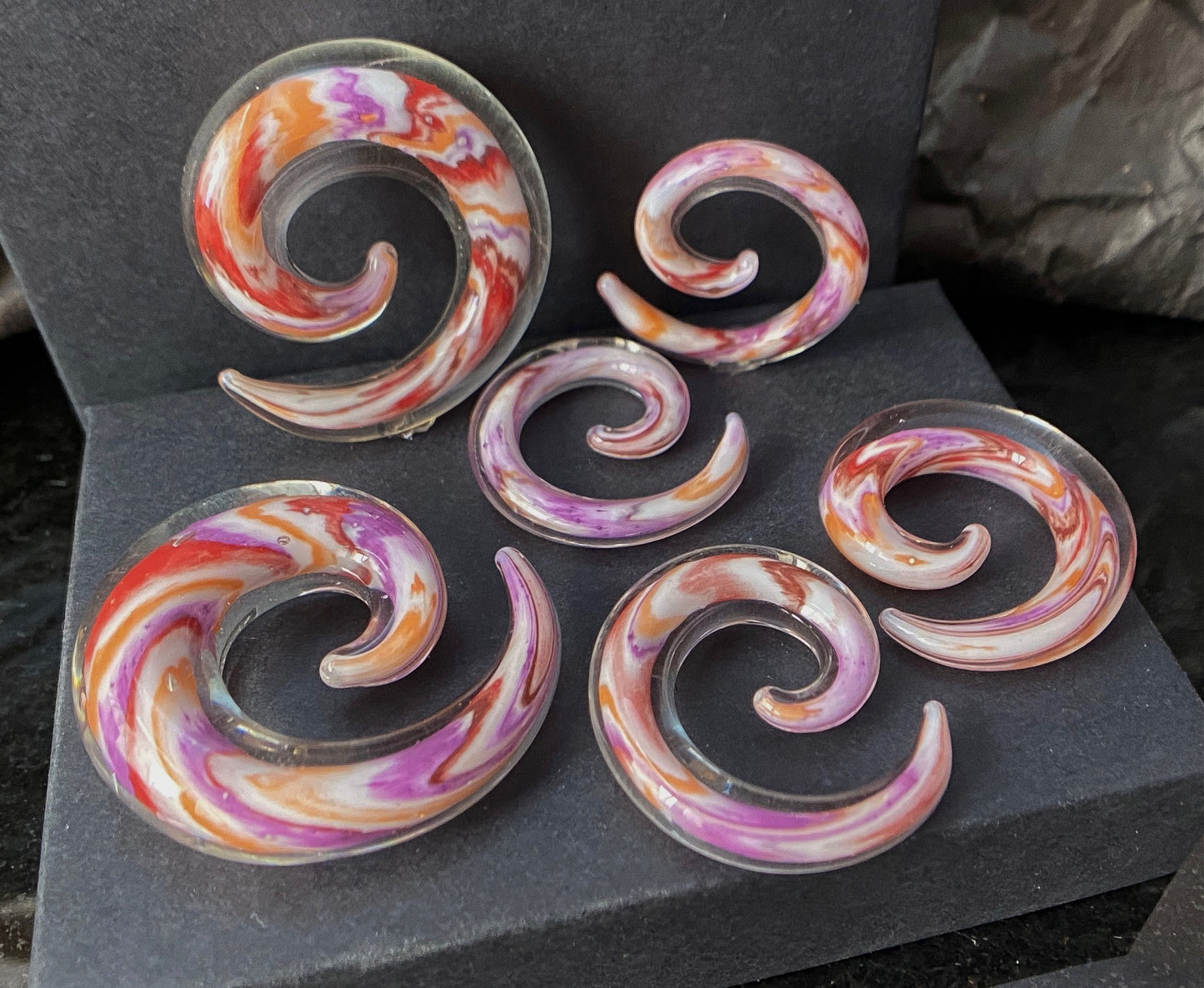 PAIR Multicolor Swirl Glass Spiral Tapers Expanders Plugs Gauges Body Jewelry
