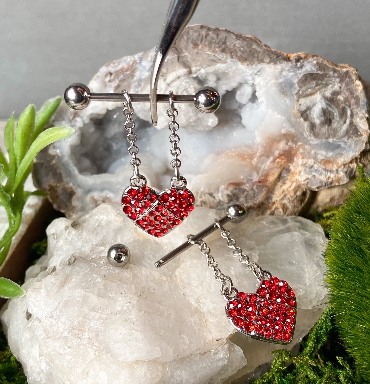 PAIR 14g Gem Heart Dangle Nipple Rings Shields Barbells Body Piercing Jewelry
