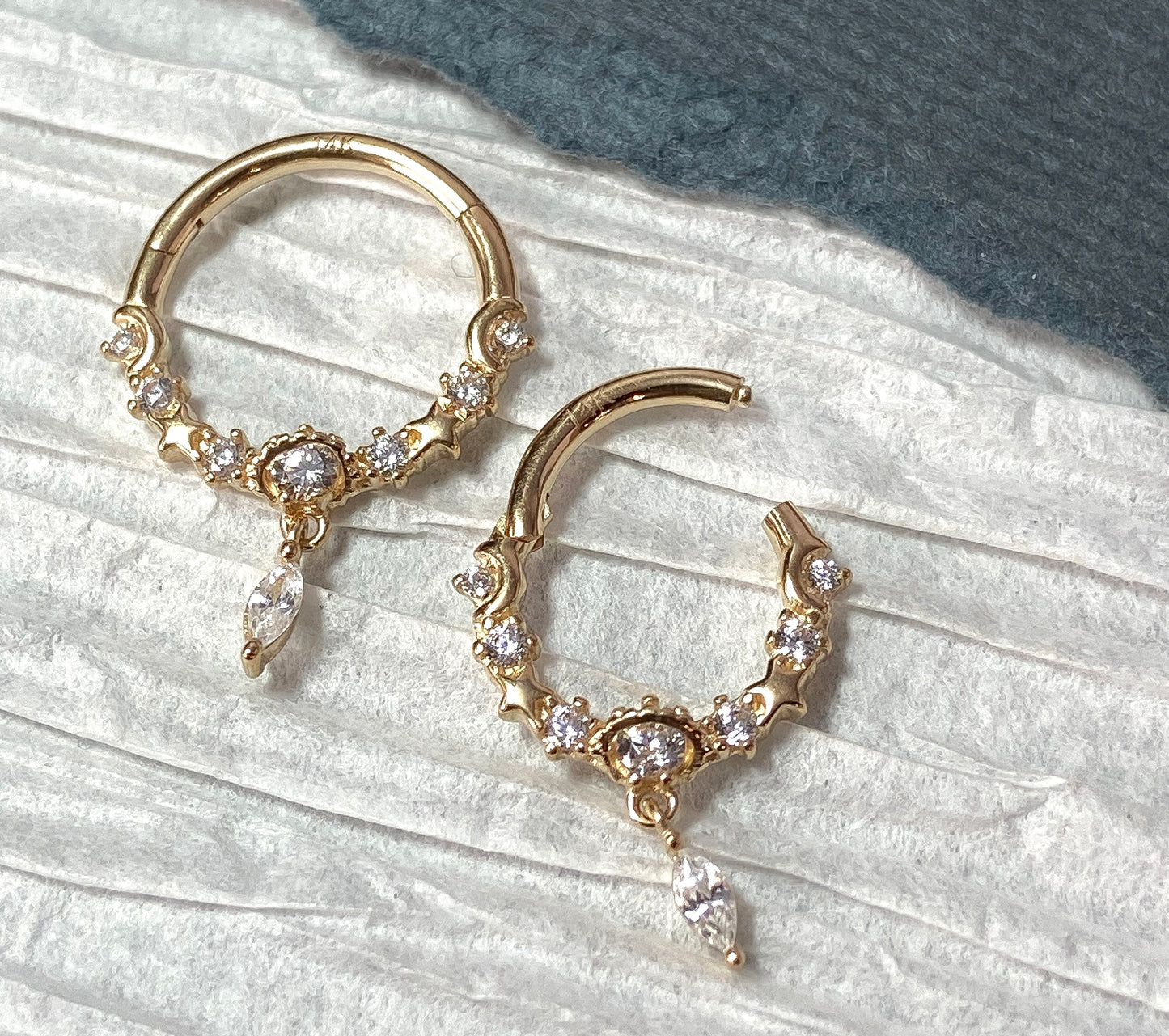 1 Piece of Brilliant Solid 14kt Gold Moons & Stars CZ Gems Hinged Segment Ring - 10mm or 8mm