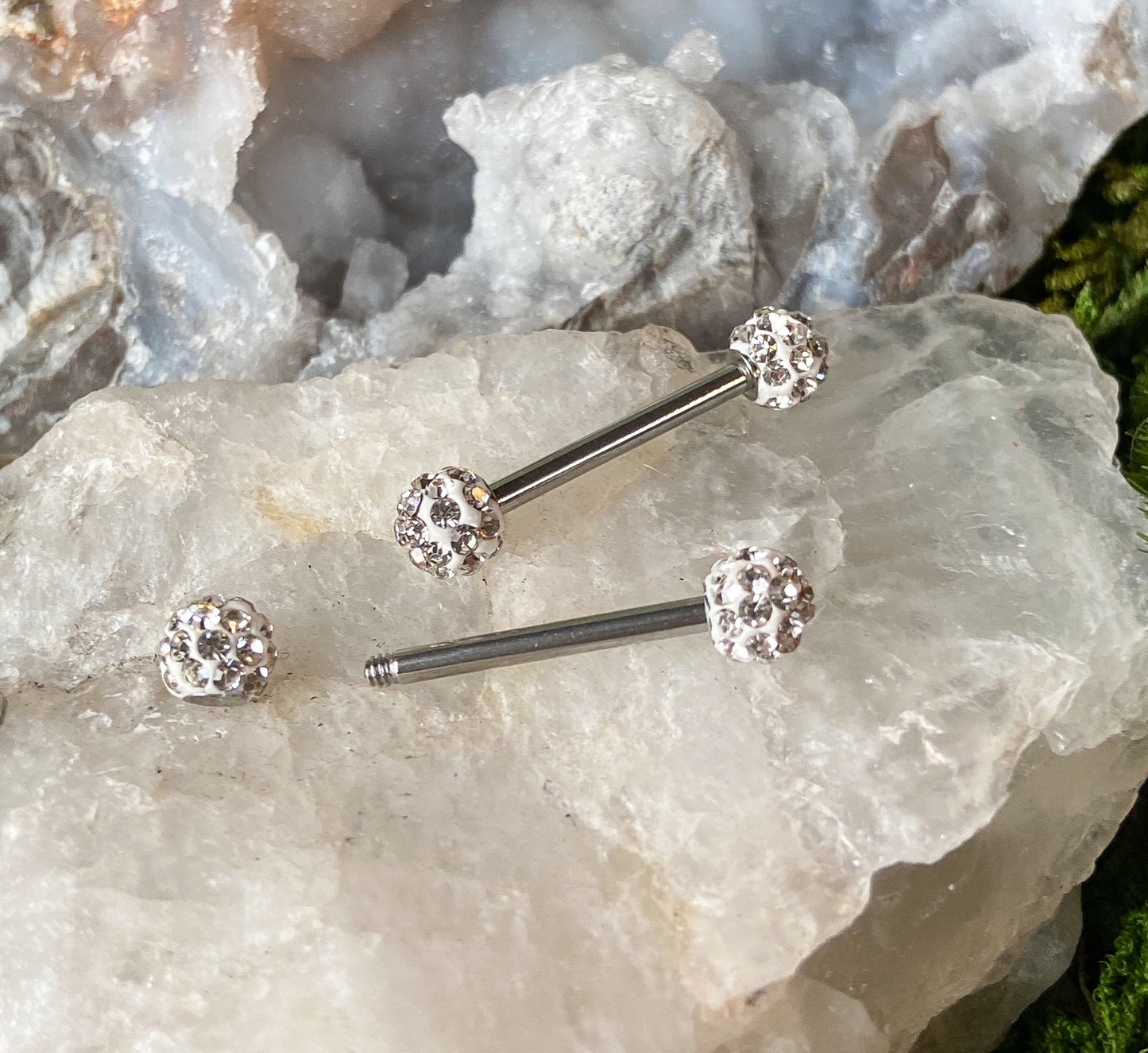 PAIR Crystal Paved Ferido Balls Nipple Rings Surgical Steel Barbells 14mm 14g