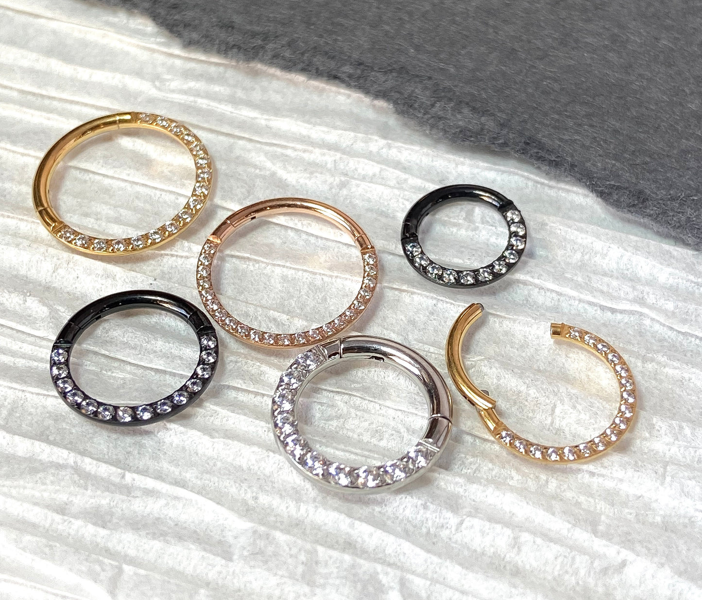 1 Piece Gold CNC Set CZ Gem Front Hinged Segment Septum Ring - Gauges 14g, 16g or 18g - Internal Diameter 6mm, 8mm or 10mm!