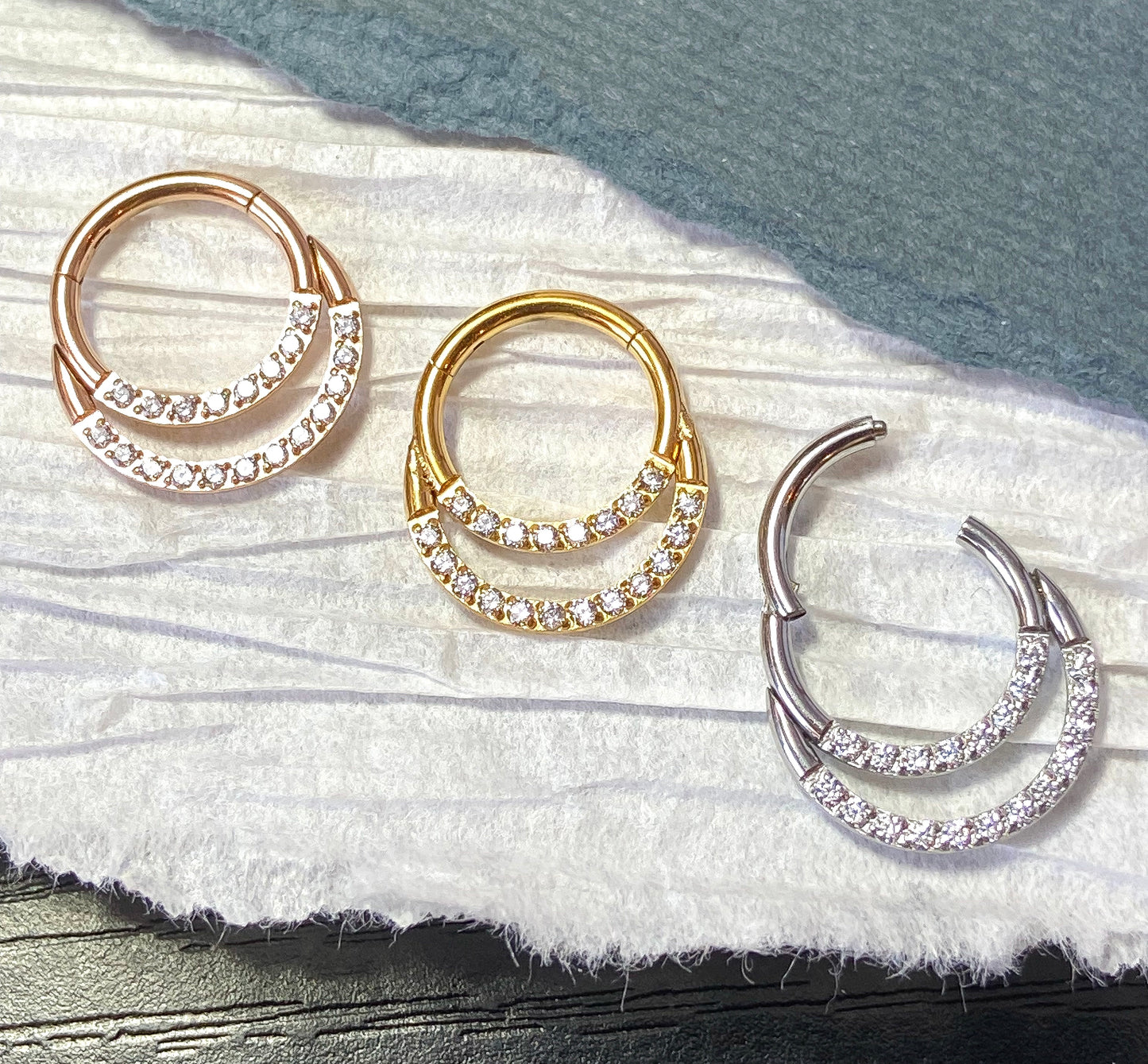 1pc of Stunning Hinged CNC Set Double Lined CZ Gem Segment Ring - 16g, 8mm Internal Diameter!