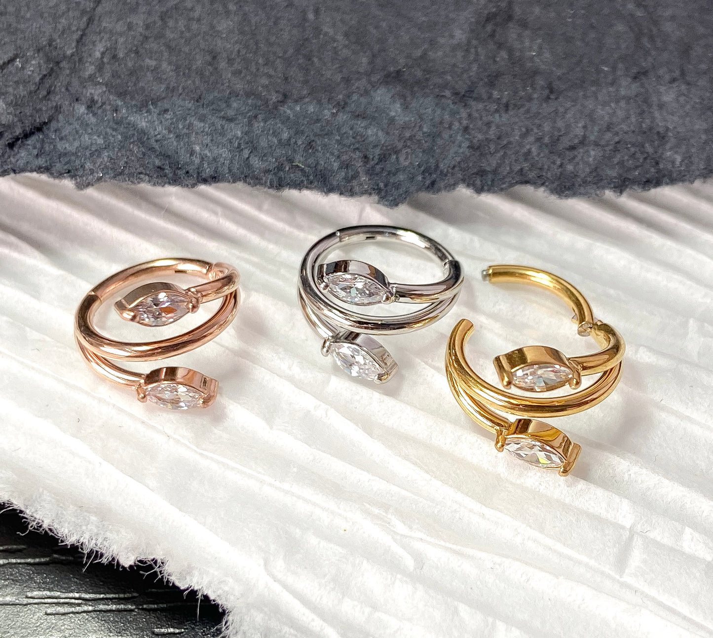 1 Piece of Stunning Hinged Double Vine Marquette CZ Gem Steel Segment Ring - 16g, 8mm Internal Diameter!