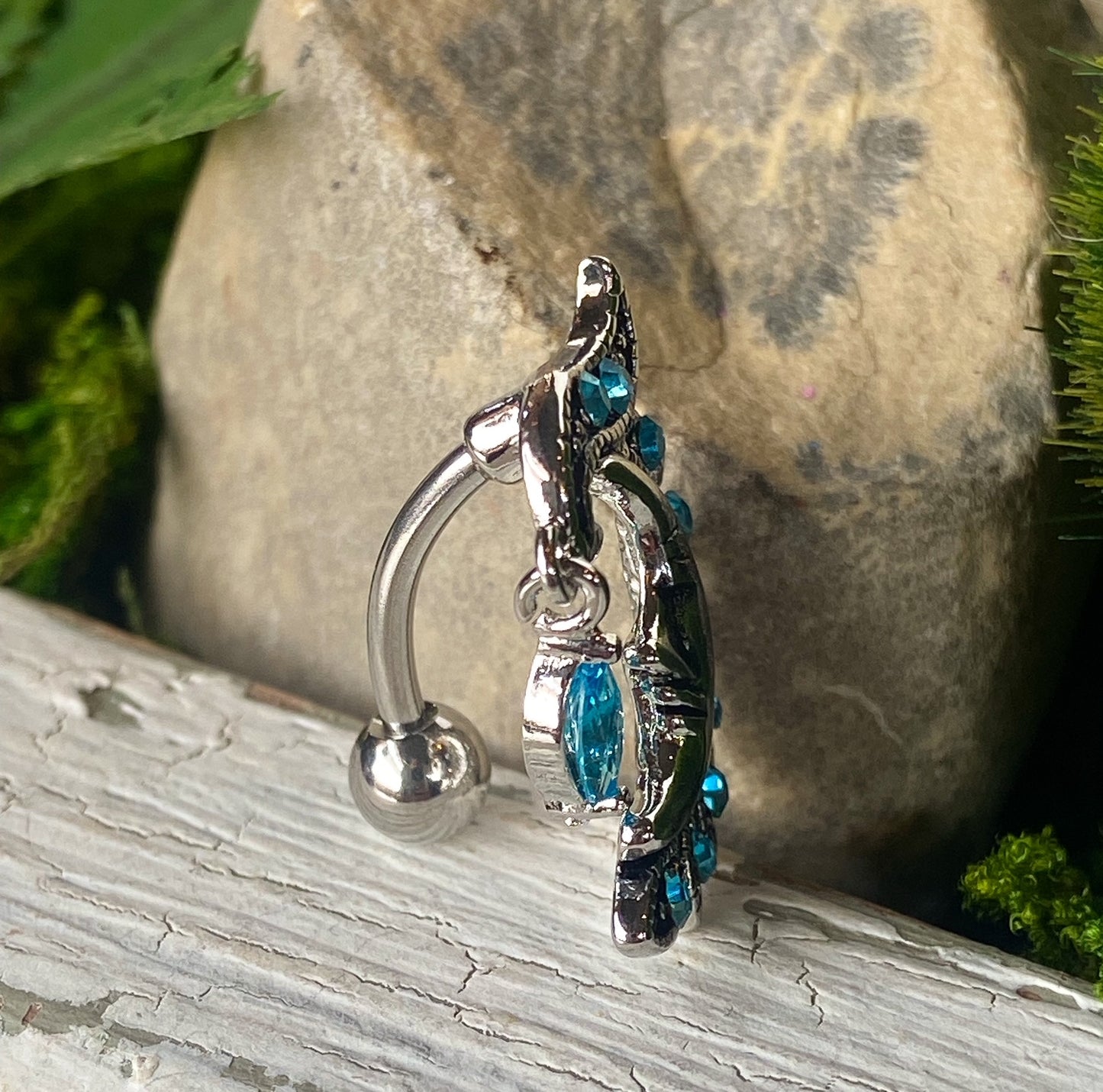Reverse Crescent Moon Face Belly Ring Marquise CZ Gem Pierced Navel Top down