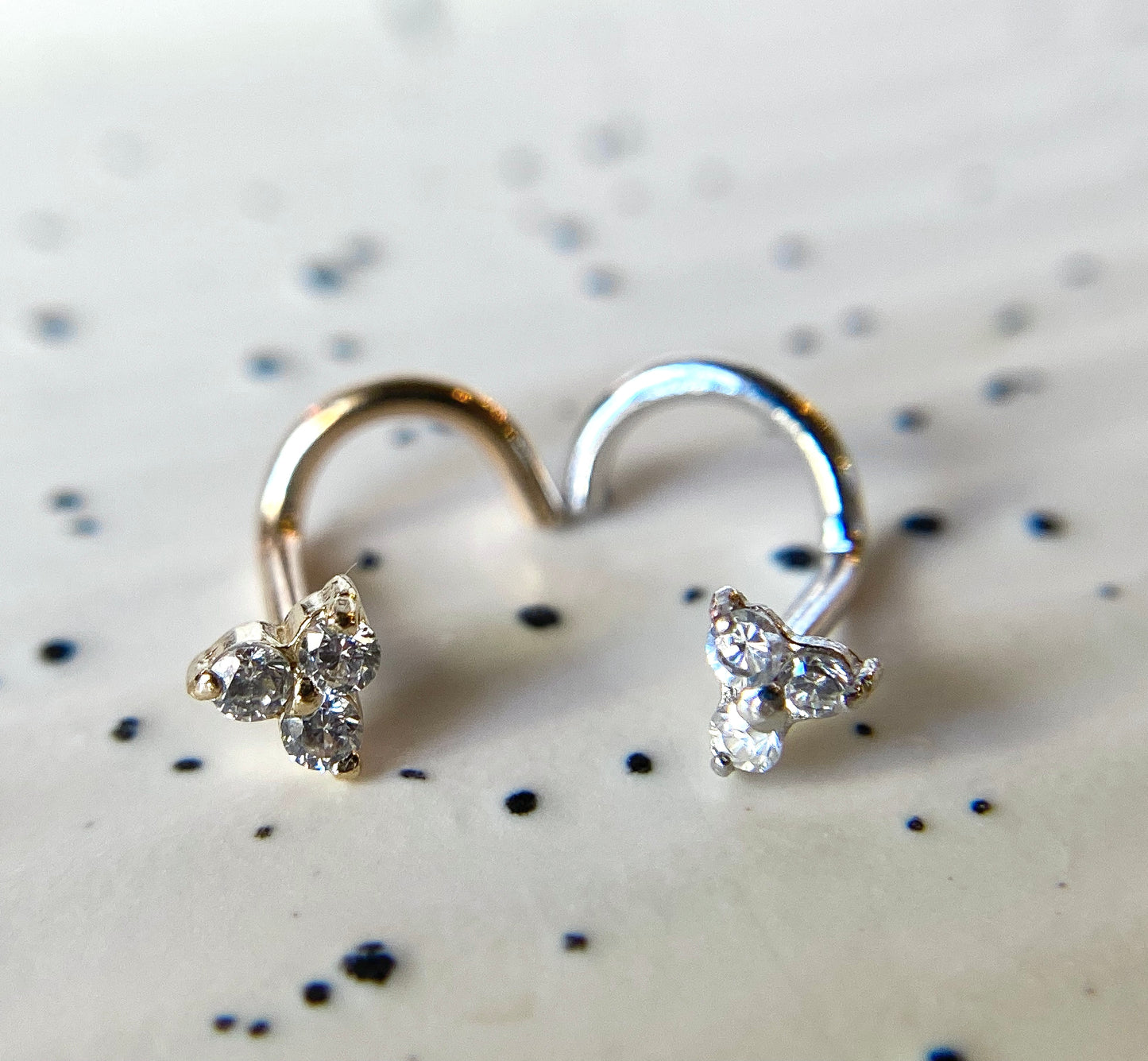 14kt Solid Gold Trinity Nose Ring w/ CZ Gems 18g 20g gauge Stud Bone Screw