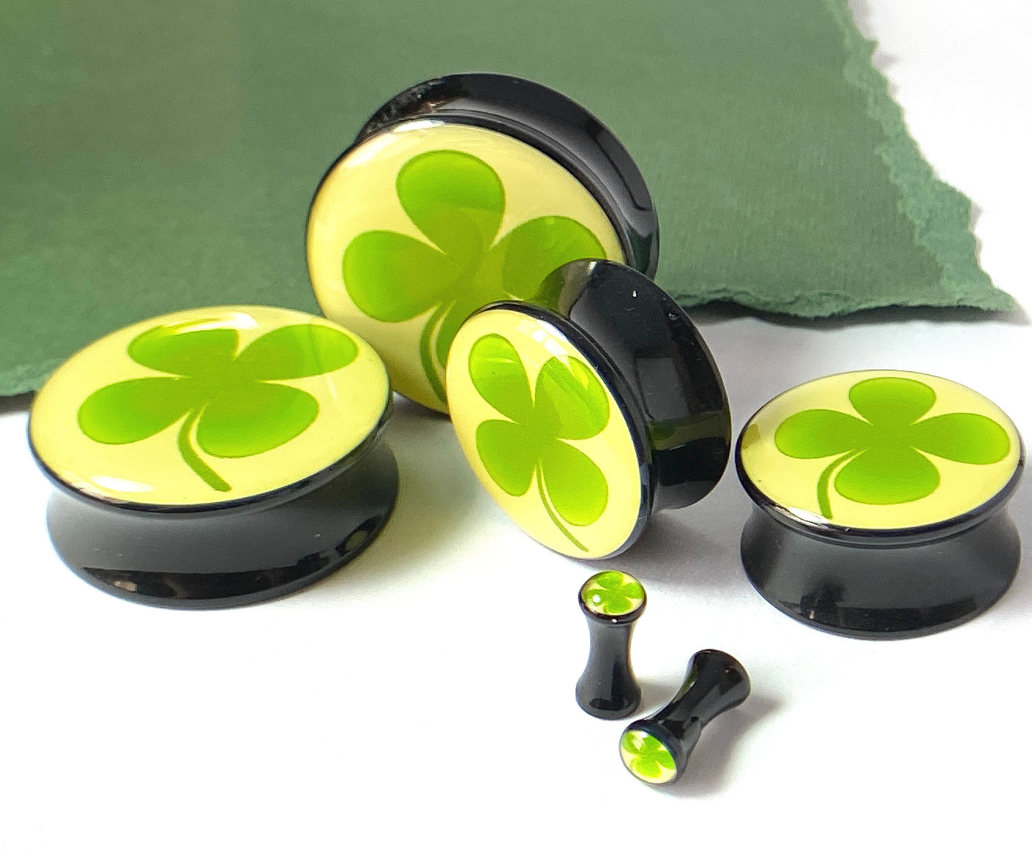 PAIR Four Leaf Clover Plugs Logo Double Flare Saddle Shamrock St. Patricks Day