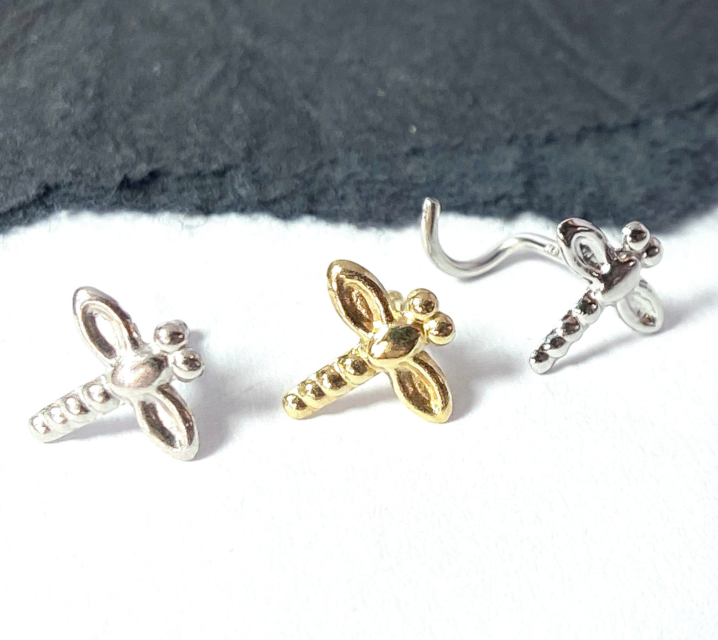 14kt Solid Gold Dragonfly Nose Ring 20g Yellow or White, Screw or Stud / Bone