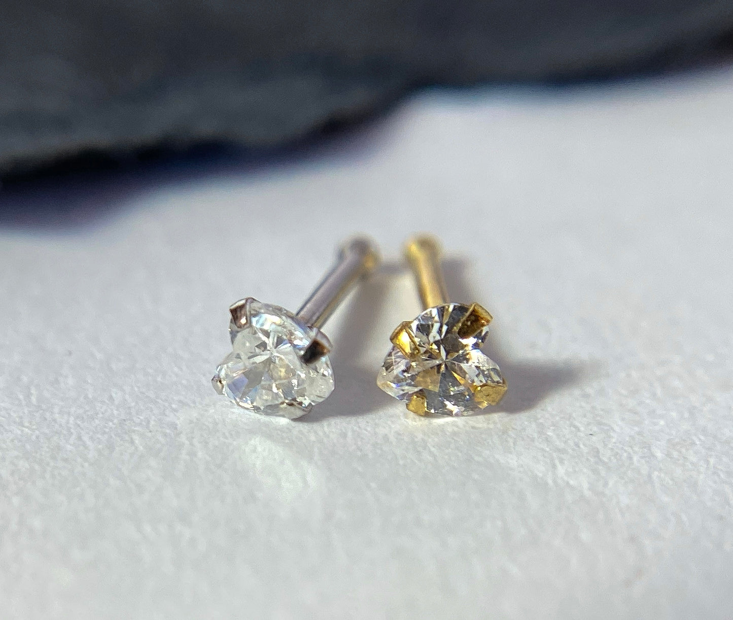 14kt Solid Gold Nose Ring w/CZ Gem Heart 20g 20 gauge stud screw bone white