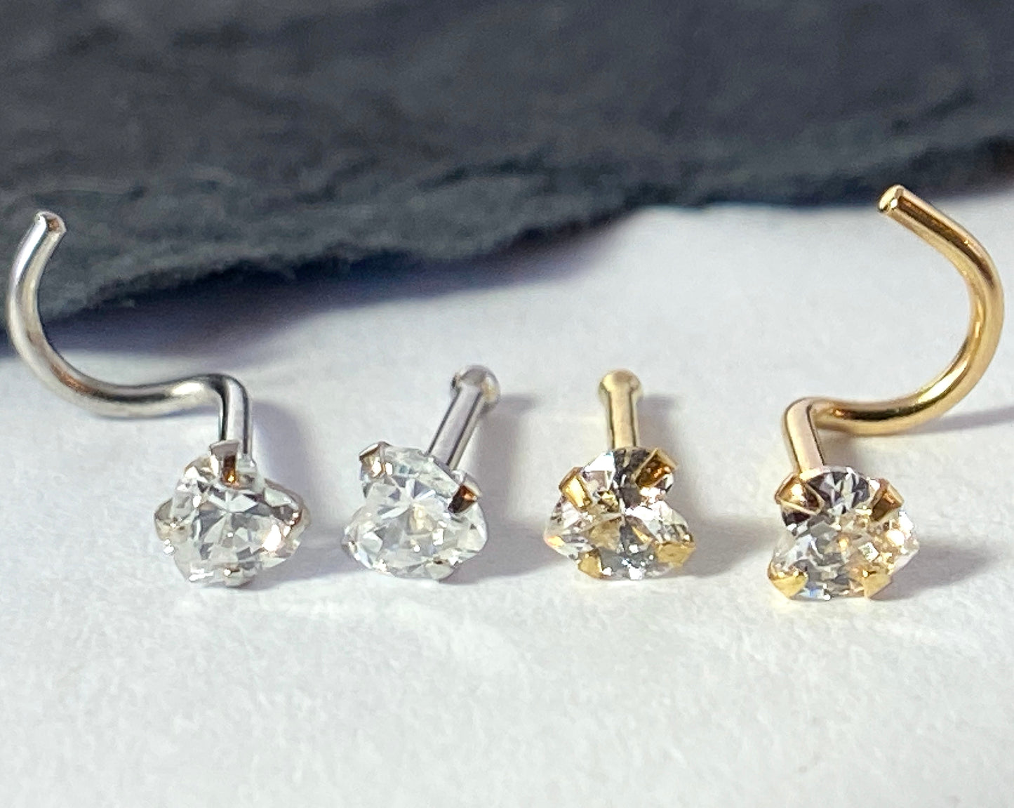 14kt Solid Gold Nose Ring w/CZ Gem Heart 20g 20 gauge stud screw bone white