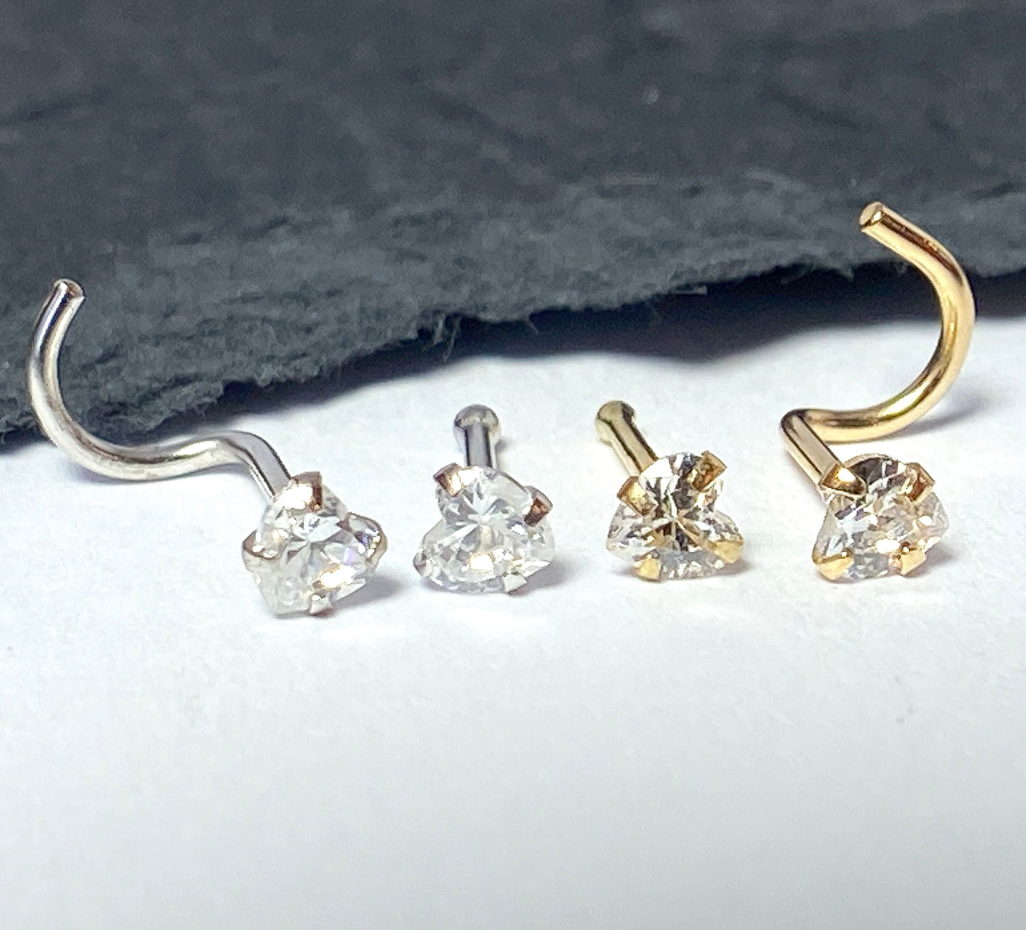 14kt Solid Gold Nose Ring w/CZ Gem Heart 20g 20 gauge stud screw bone white