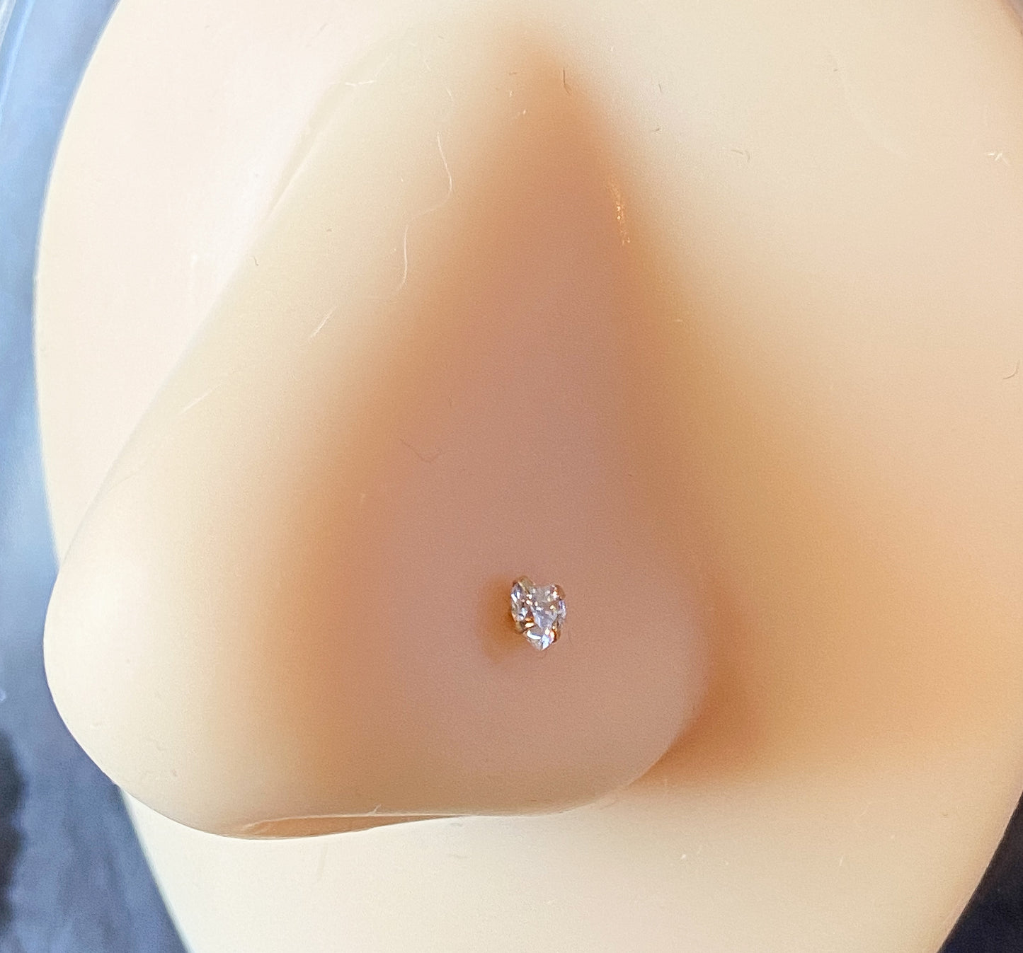 14kt Solid Gold Nose Ring w/CZ Gem Heart 20g 20 gauge stud screw bone white