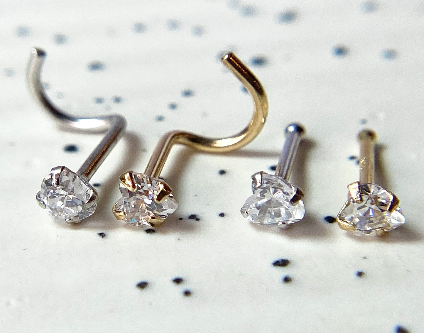 14kt Solid Gold Nose Ring w/CZ Gem Heart 20g 20 gauge stud screw bone white