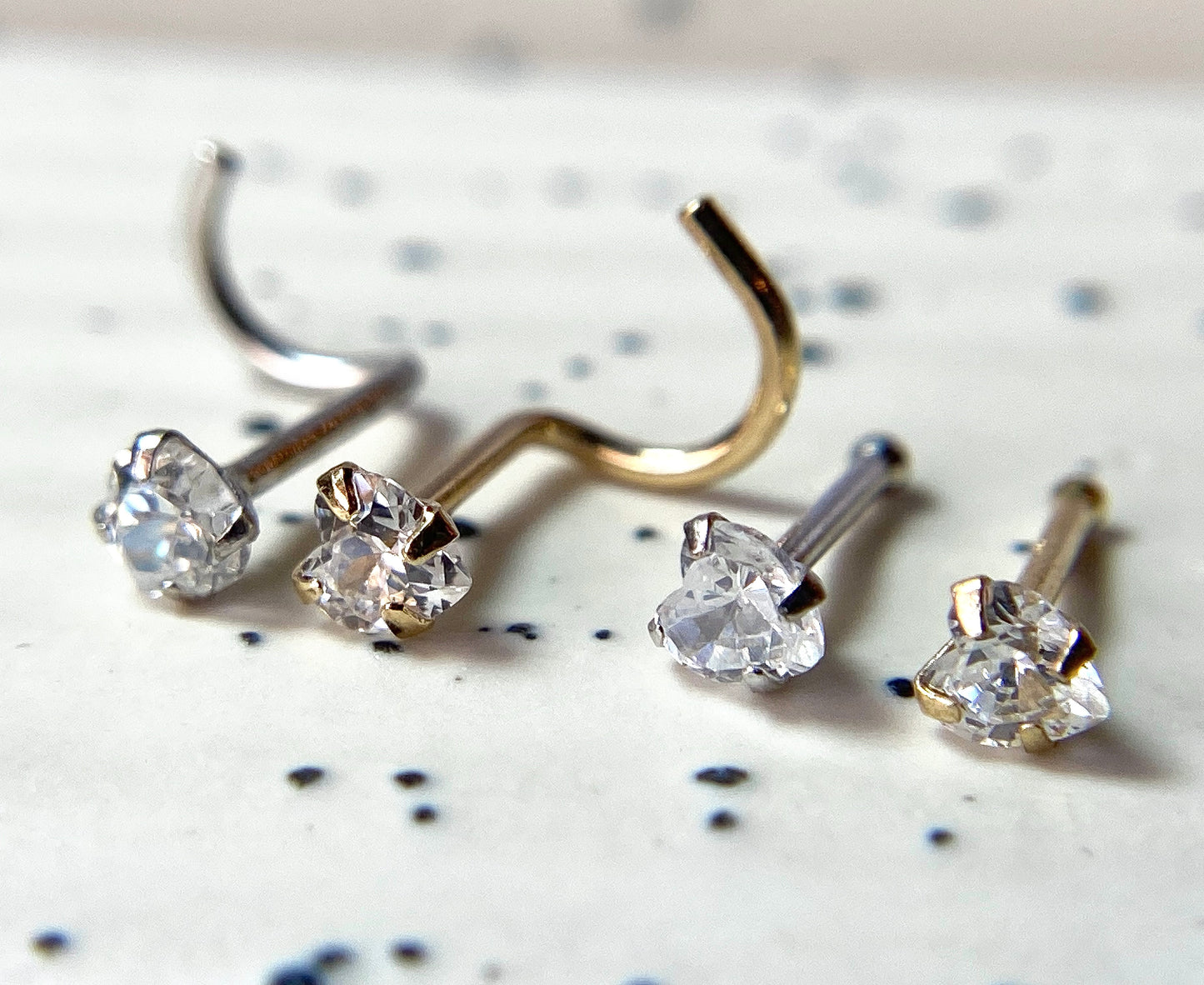 14kt Solid Gold Nose Ring w/CZ Gem Heart 20g 20 gauge stud screw bone white
