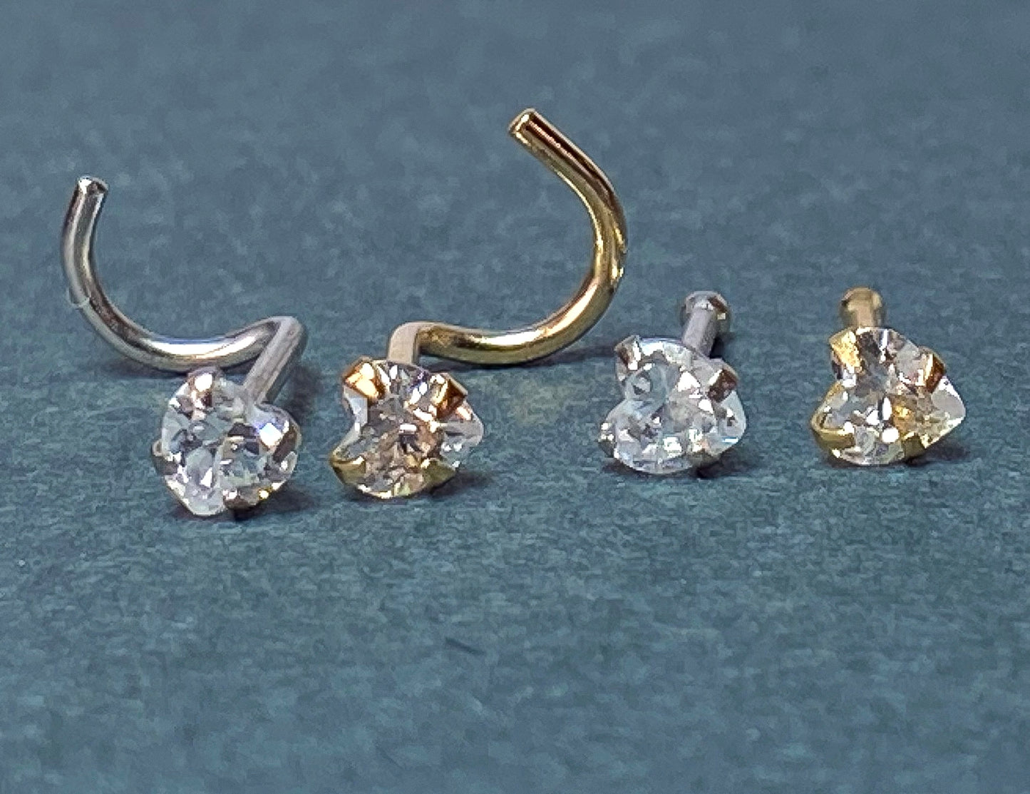 14kt Solid Gold Nose Ring w/CZ Gem Heart 20g 20 gauge stud screw bone white