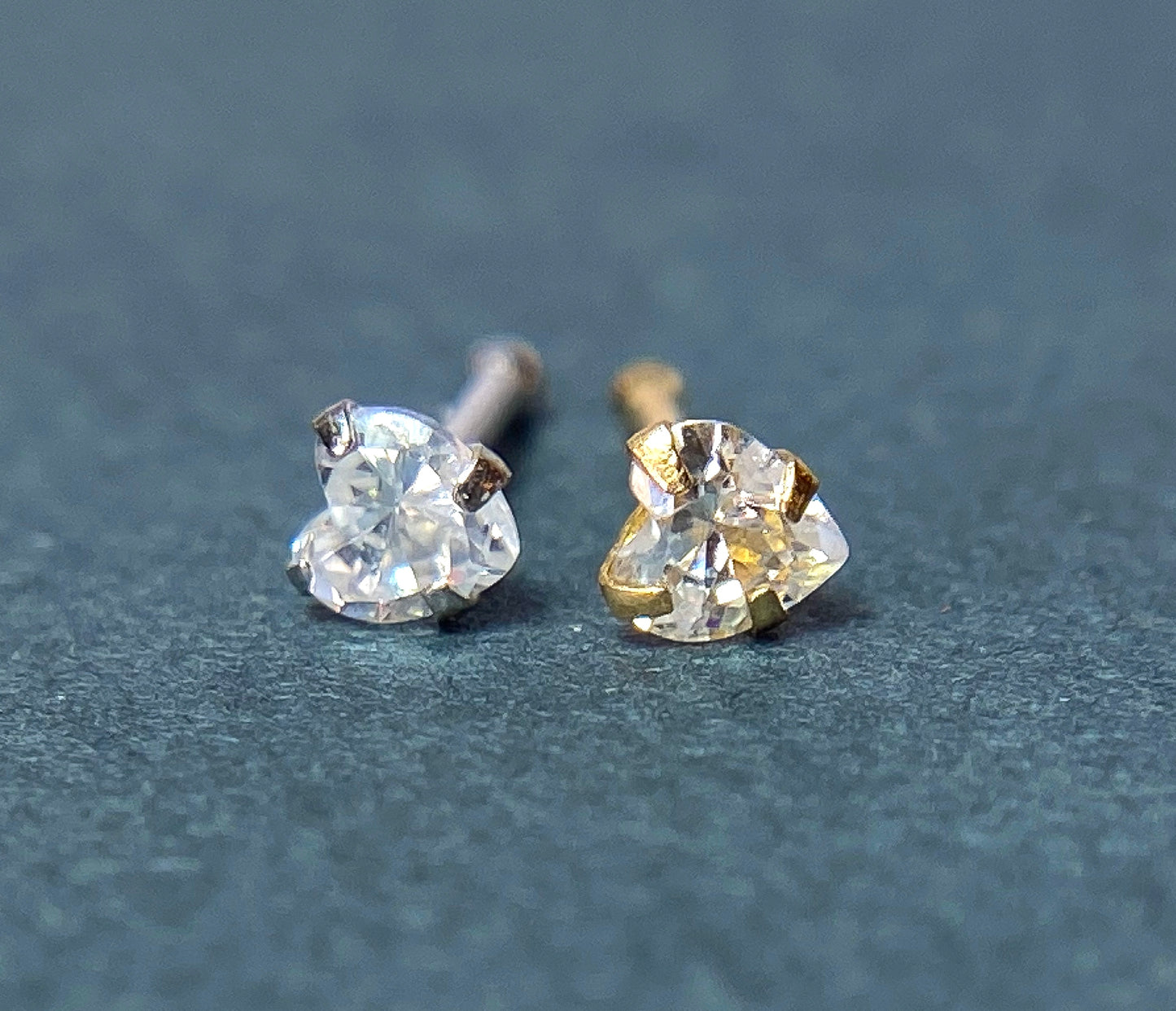 14kt Solid Gold Nose Ring w/CZ Gem Heart 20g 20 gauge stud screw bone white