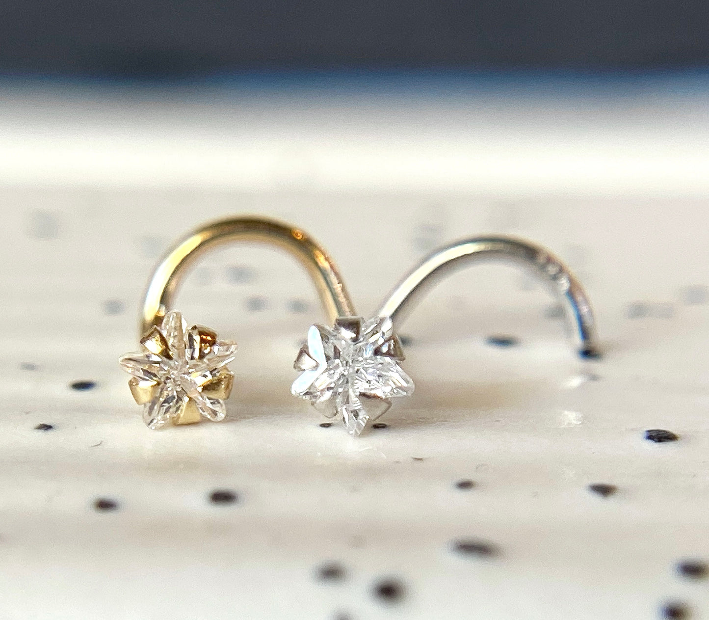 14kt Solid Gold Nose Ring w/ CZ Gem Star 20g 20 gauge stud screw bone white