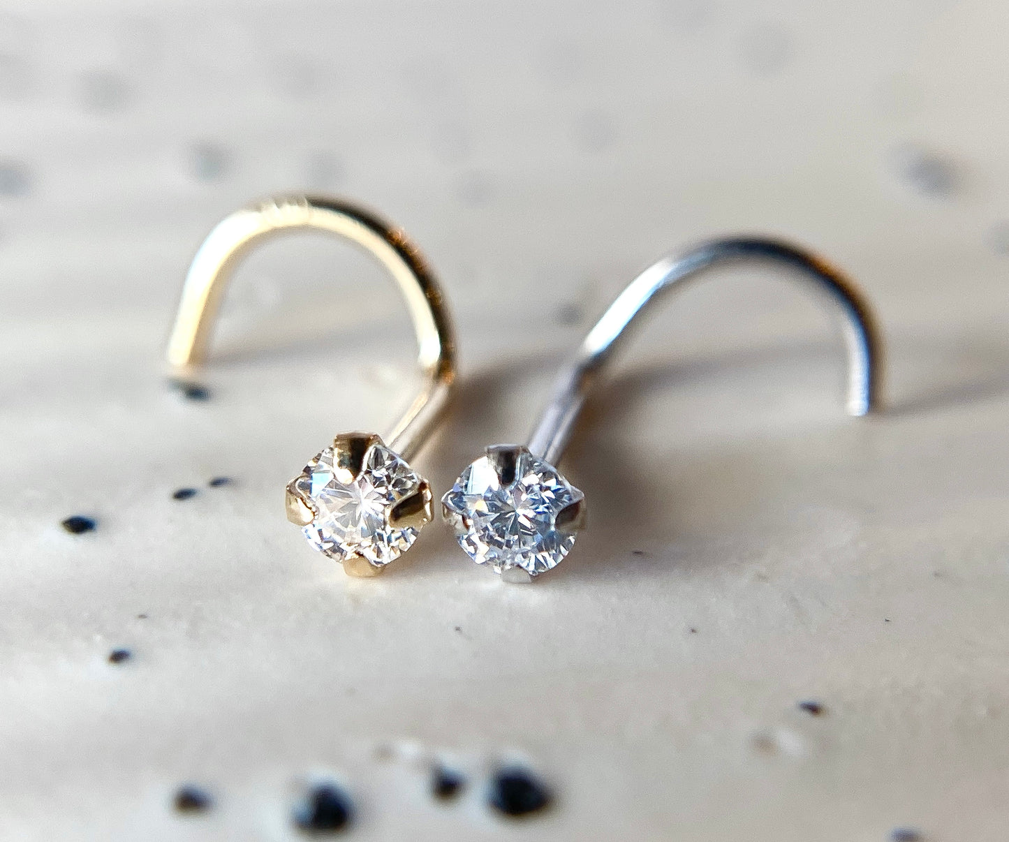 14kt White or Yellow Gold Clear Gem Nose Screw, 18 gauge (18g) or 20 gauge (20g)