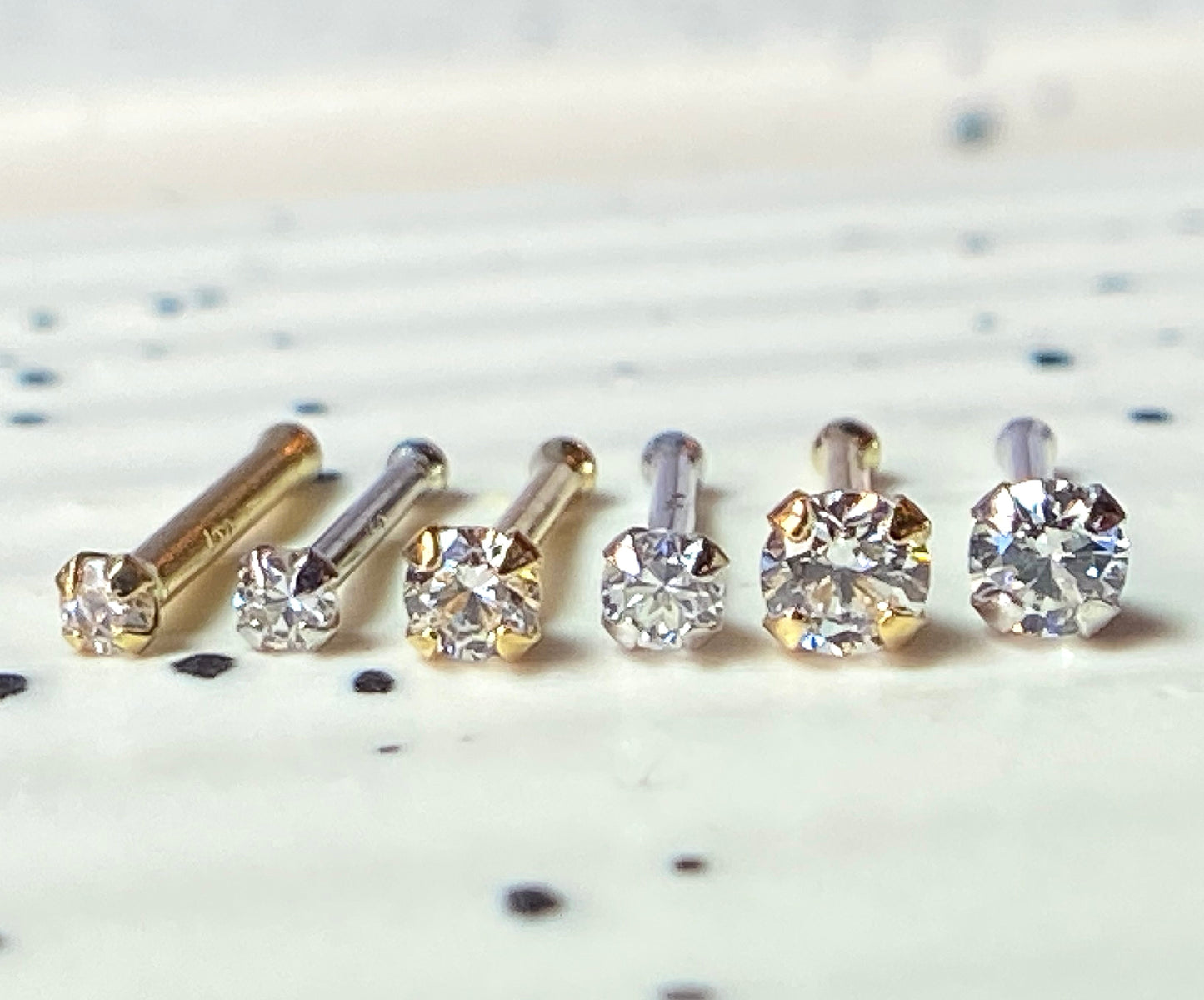 14kt White or Yellow Gold Clear Gem Nose Stud, 18 gauge (18g) or 20 gauge (20g)