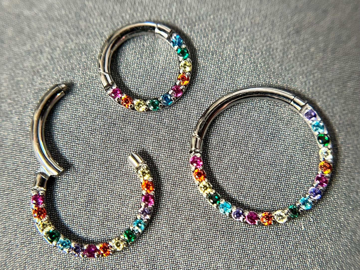 1 Piece Stunning Rainbow CZ Prong Set Front Hinged Segment Septum Ring - 16g - Internal Diameter 6mm, 8mm or 10mm
