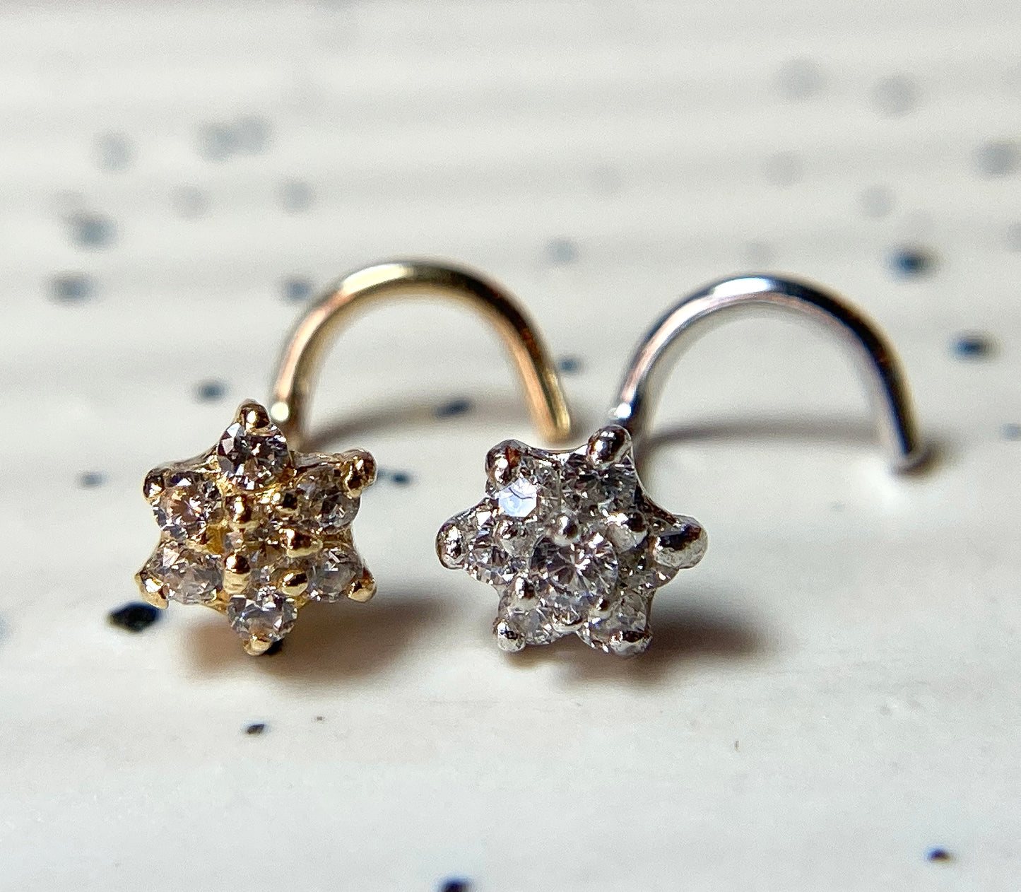 14kt Solid Gold Flower Nose Ring w/CZ Gems 20g 20 gauge stud screw bone white