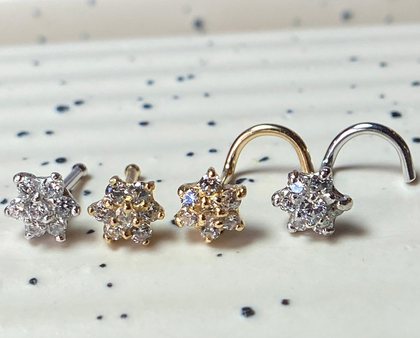 14kt Solid Gold Flower Nose Ring w/CZ Gems 20g 20 gauge stud screw bone white