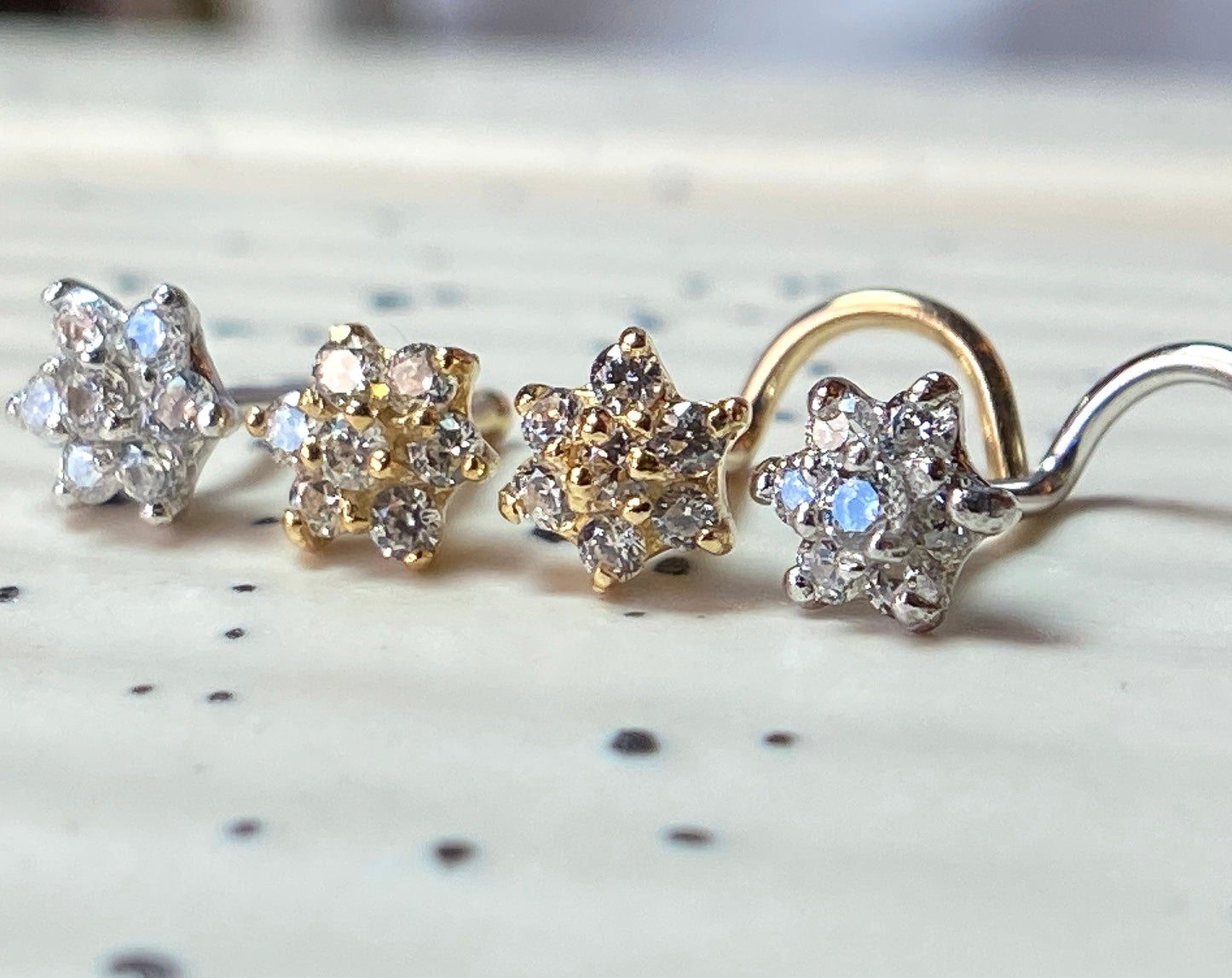14kt Solid Gold Flower Nose Ring w/CZ Gems 20g 20 gauge stud screw bone white