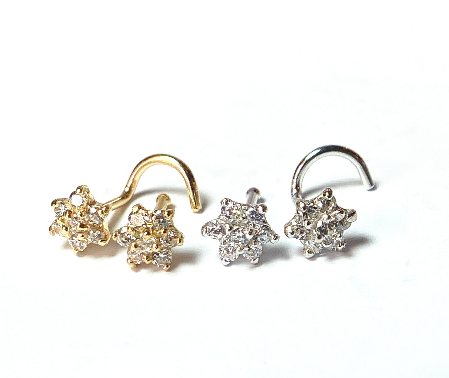 14kt Solid Gold Flower Nose Ring w/CZ Gems 20g 20 gauge stud screw bone white