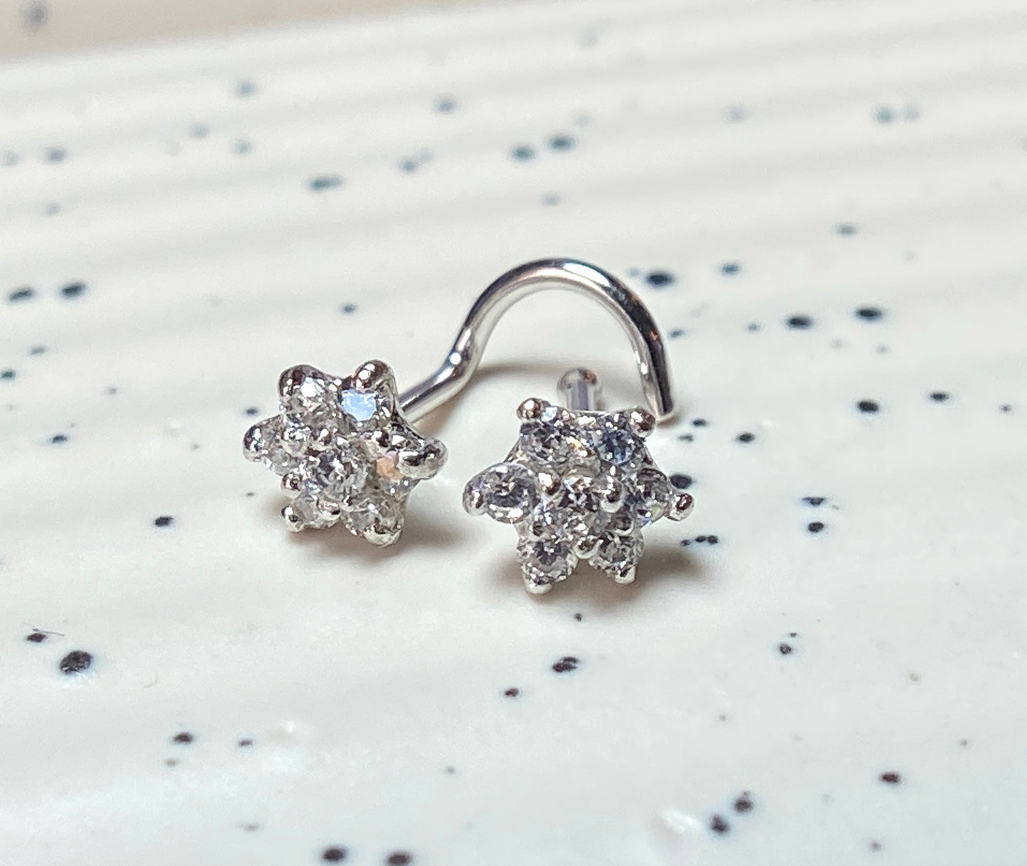 14kt Solid Gold Flower Nose Ring w/CZ Gems 20g 20 gauge stud screw bone white