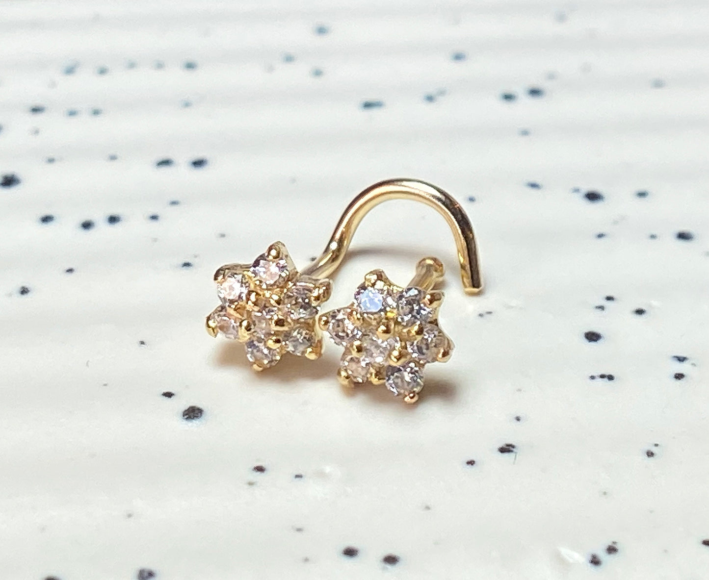 14kt Solid Gold Flower Nose Ring w/CZ Gems 20g 20 gauge stud screw bone white