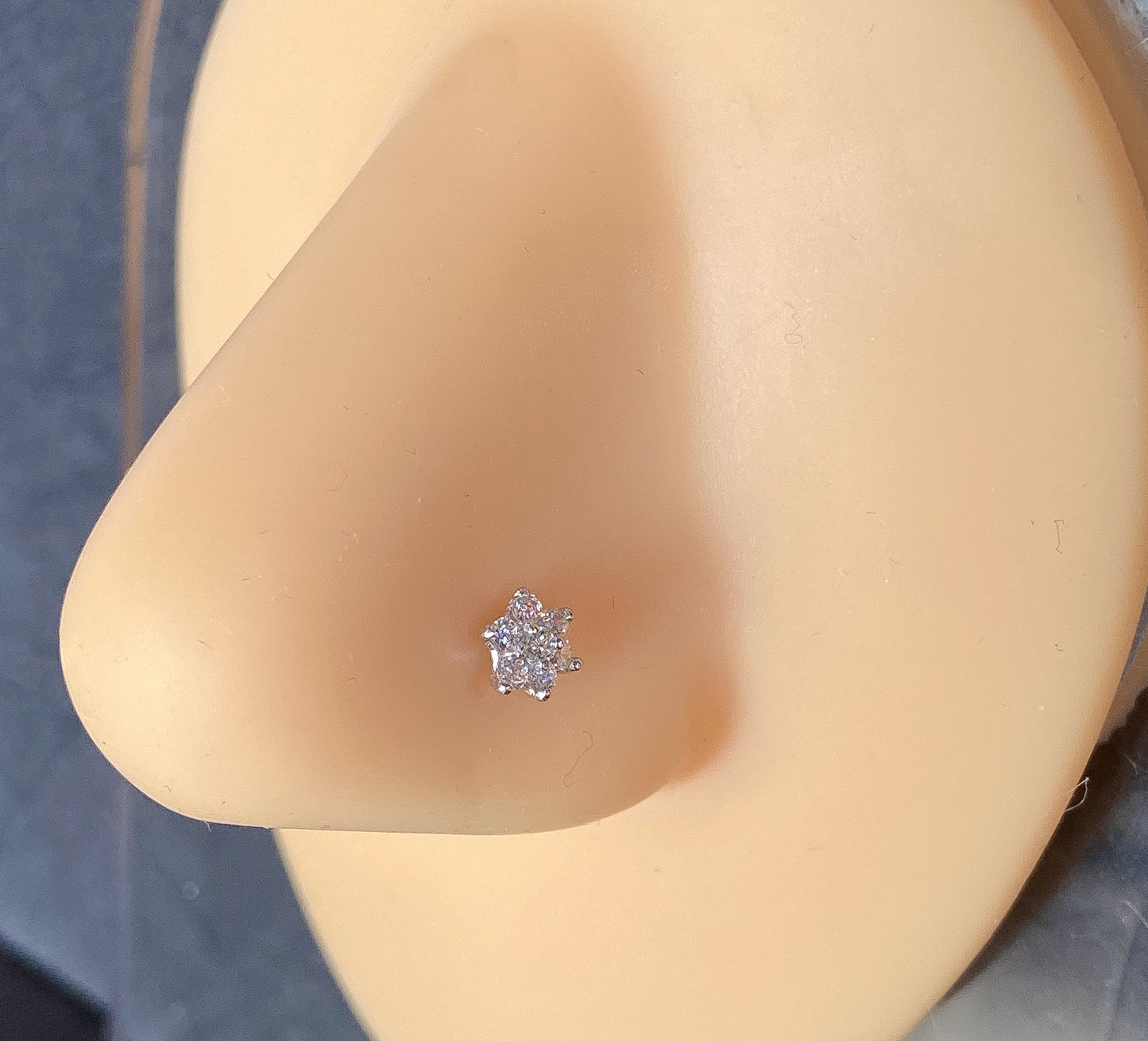 14kt Solid Gold Flower Nose Ring w/CZ Gems 20g 20 gauge stud screw bone white