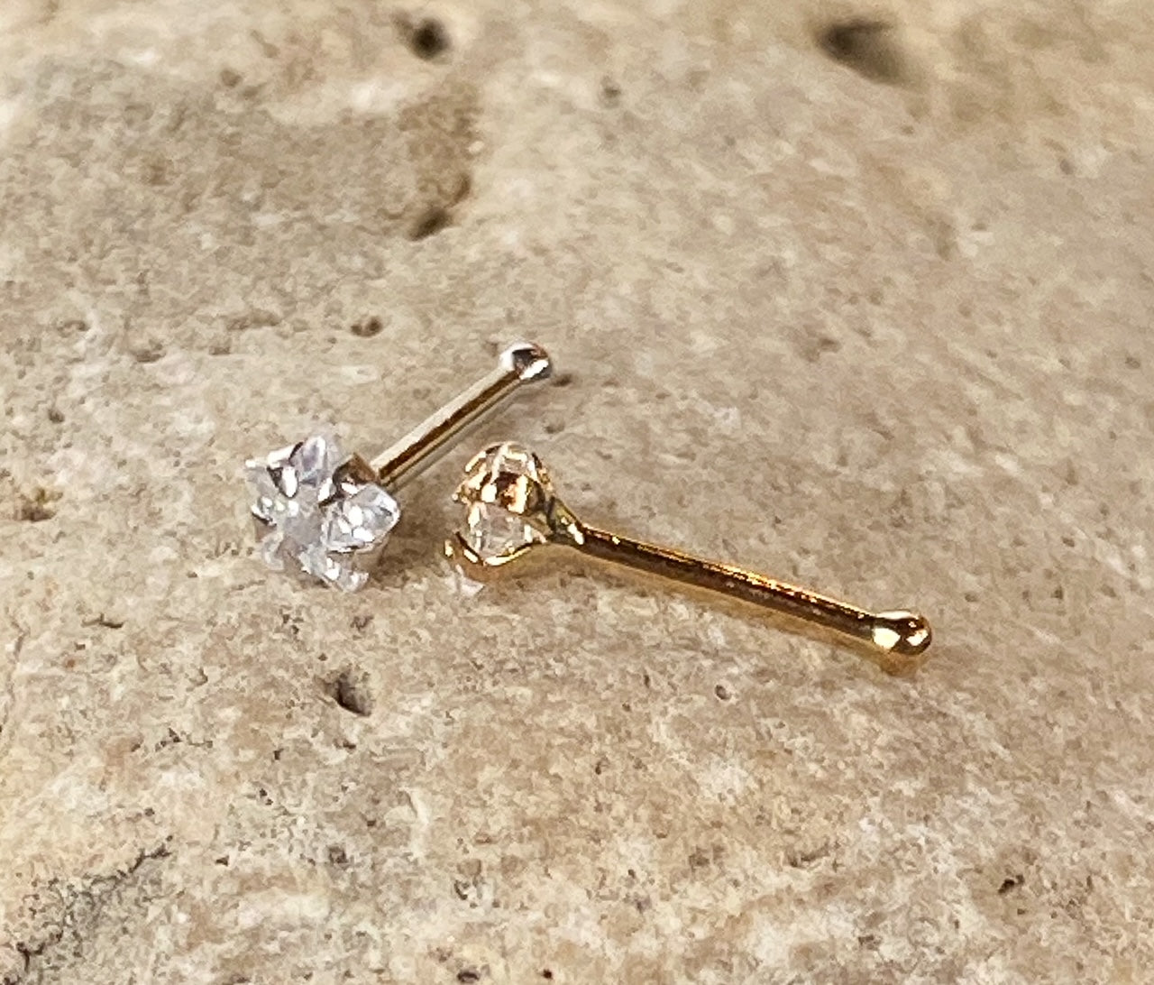 14kt Solid Gold Nose Ring w/ CZ Gem Star 20g 20 gauge stud screw bone white