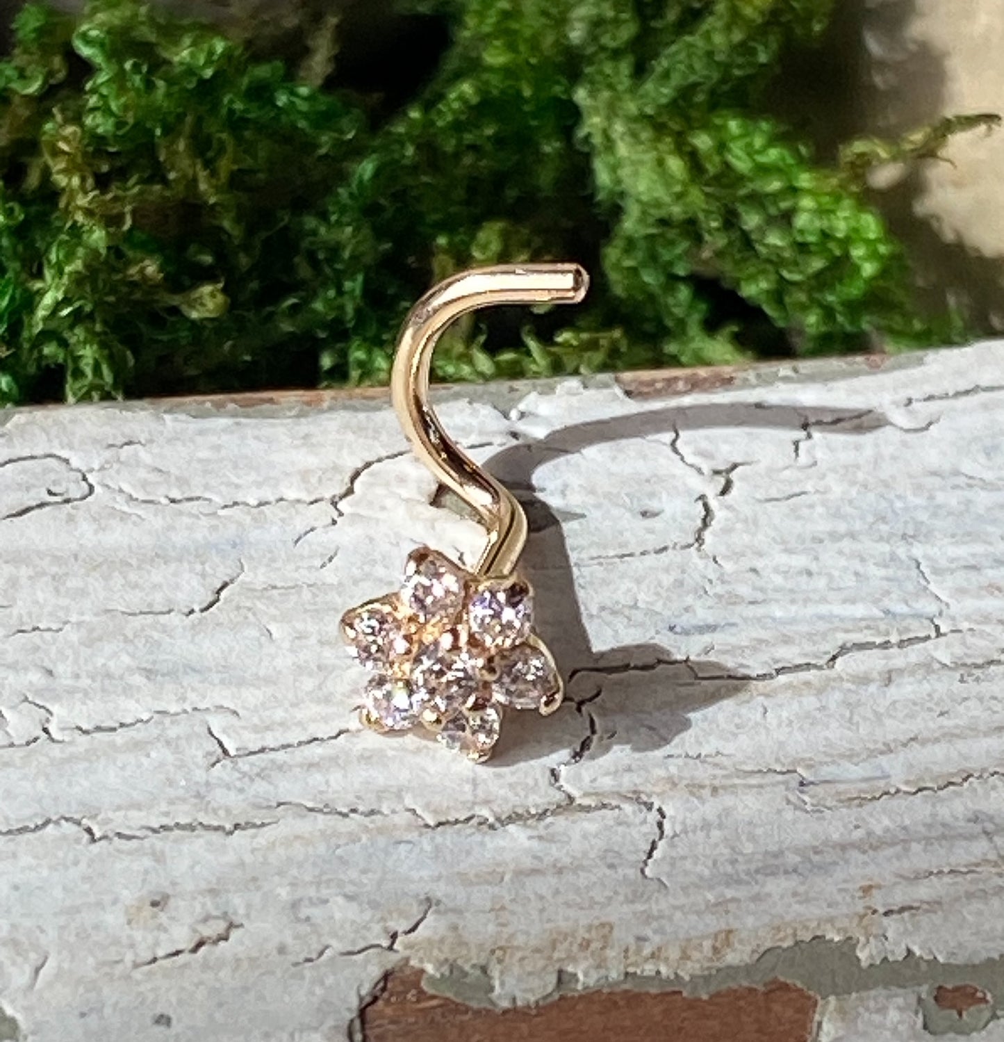 14kt Solid Gold Flower Nose Ring w/CZ Gems 20g 20 gauge stud screw bone white