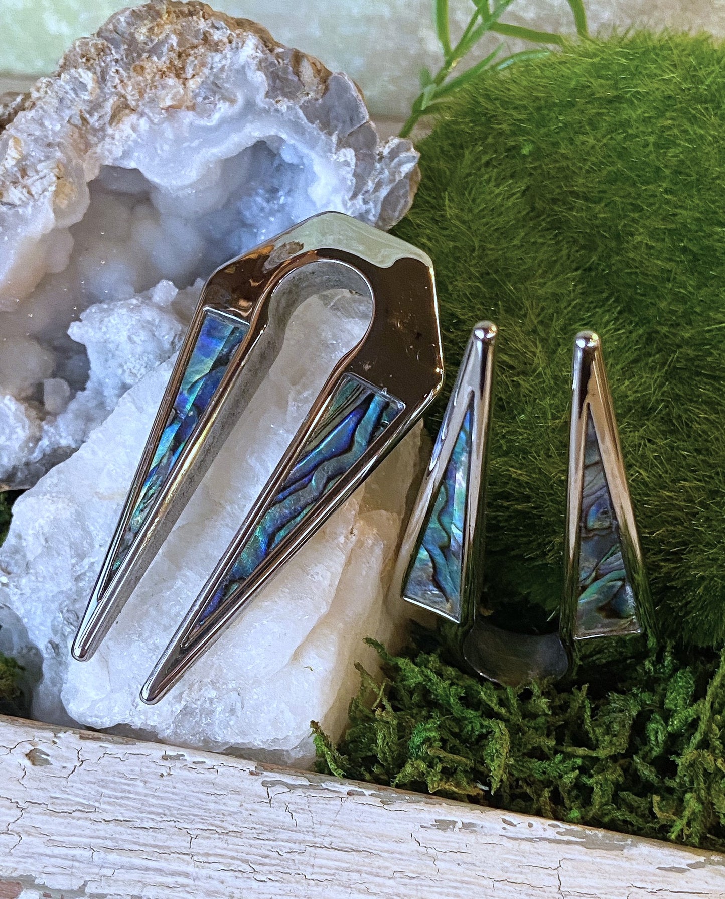 PAIR of Unique Abalone Shell Inlaid Keyhole Ear Weight Hangers - Only 00g (10mm) available!