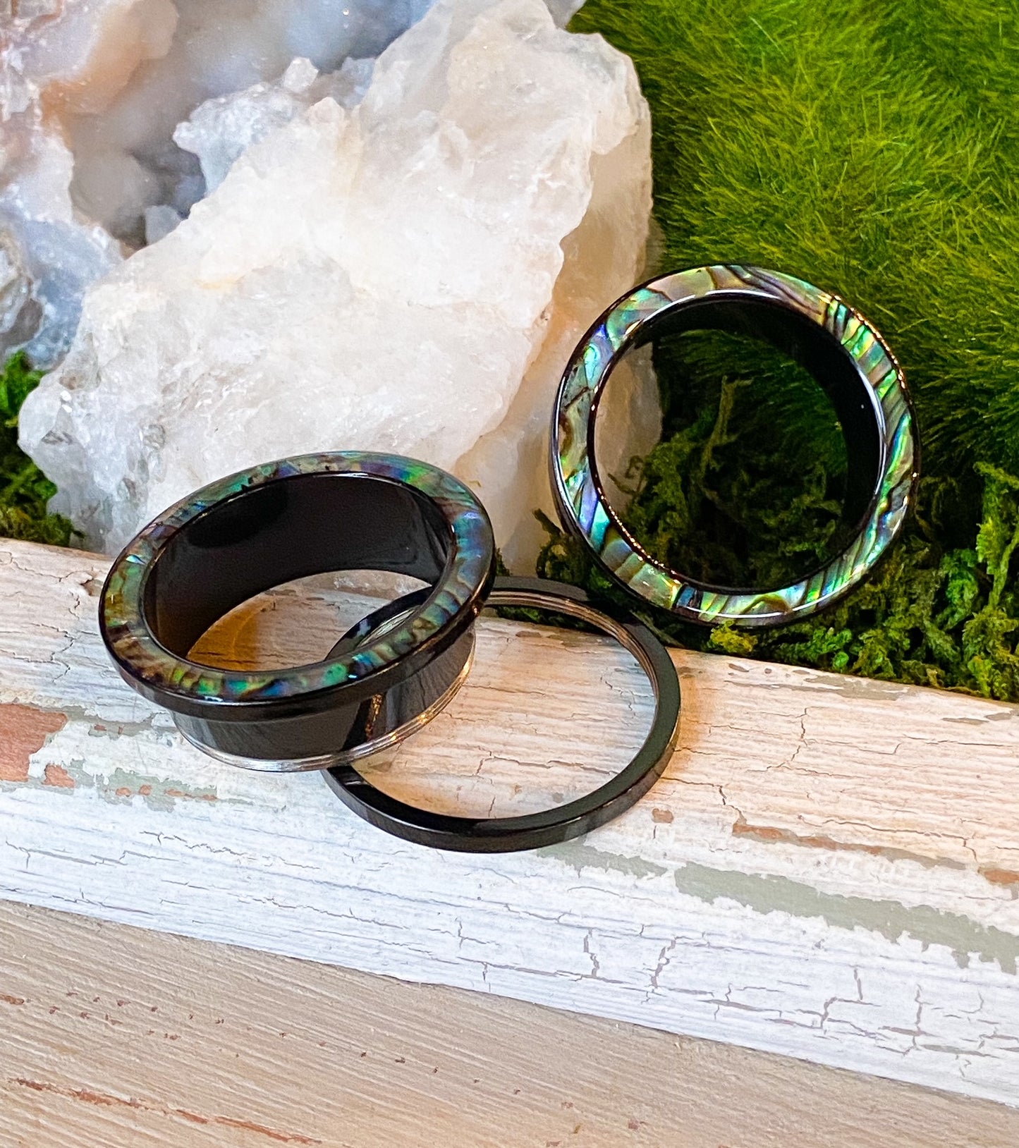 PAIR of Beautiful Abalone Rimmed Black Screw Fit Tunnels Plugs - Gauges 2g (6mm) thru 1" (25mm) available!