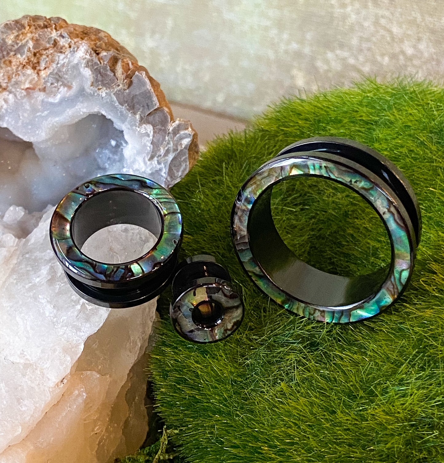 PAIR of Beautiful Abalone Rimmed Black Screw Fit Tunnels Plugs - Gauges 2g (6mm) thru 1" (25mm) available!
