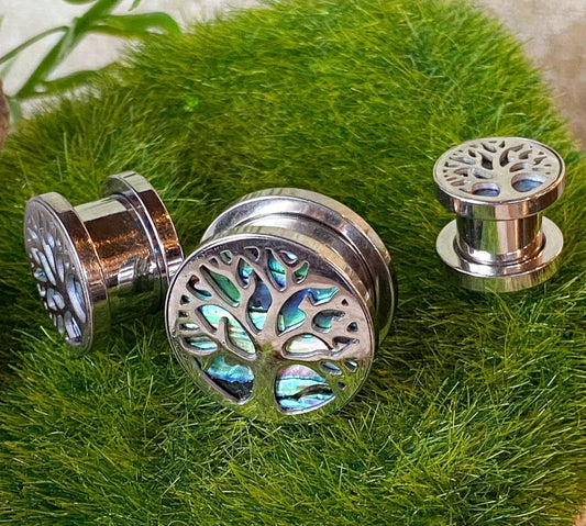 PAIR of Stunning Abalone Inlay Tree of Life Steel Screw Fit Tunnels - Gauges 0g (8mm) thru 5/8" (16mm) available!