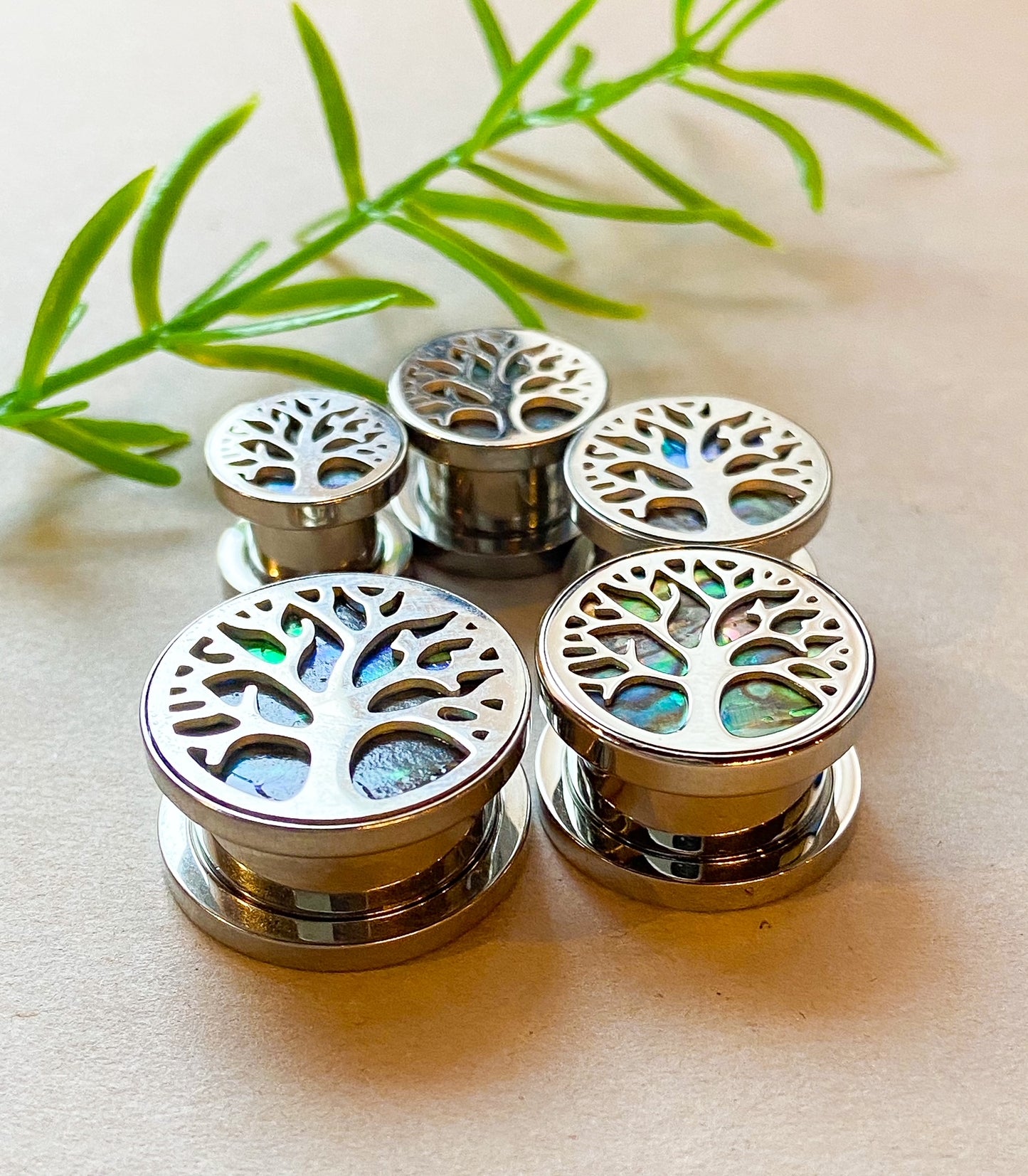 PAIR of Stunning Abalone Inlay Tree of Life Steel Screw Fit Tunnels - Gauges 0g (8mm) thru 5/8" (16mm) available!