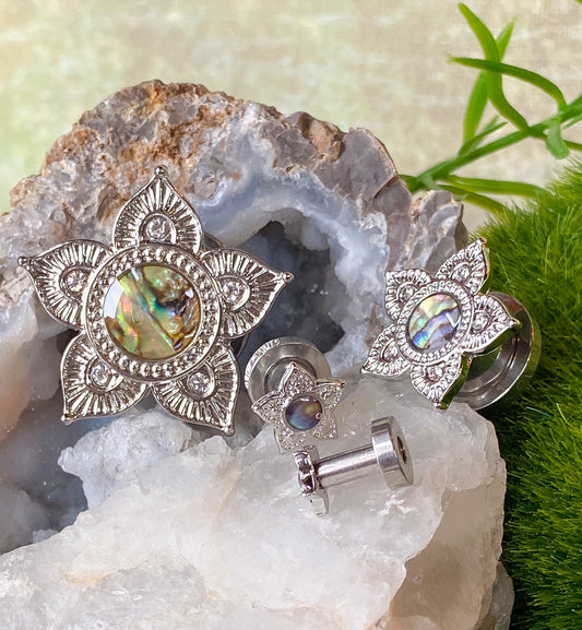 PAIR of Stunning Abalone Centered Tribal Flower Screw Fit Tunnels/Plugs - Gauges 8g (3.2mm) thru 5/8" (16mm) available!