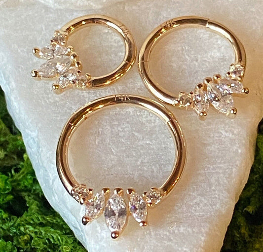 1pc Solid 14kt Gold Three Marquise Gems Hinged Segment Ring Helix Cartilage Clicker