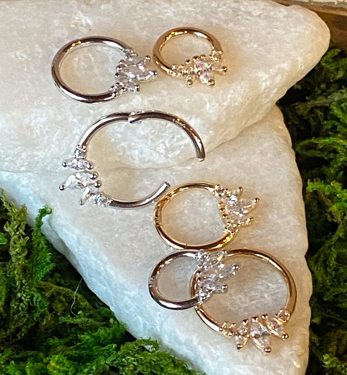 1pc Solid 14kt Gold Three Marquise Gems Hinged Segment Ring Helix Cartilage Clicker
